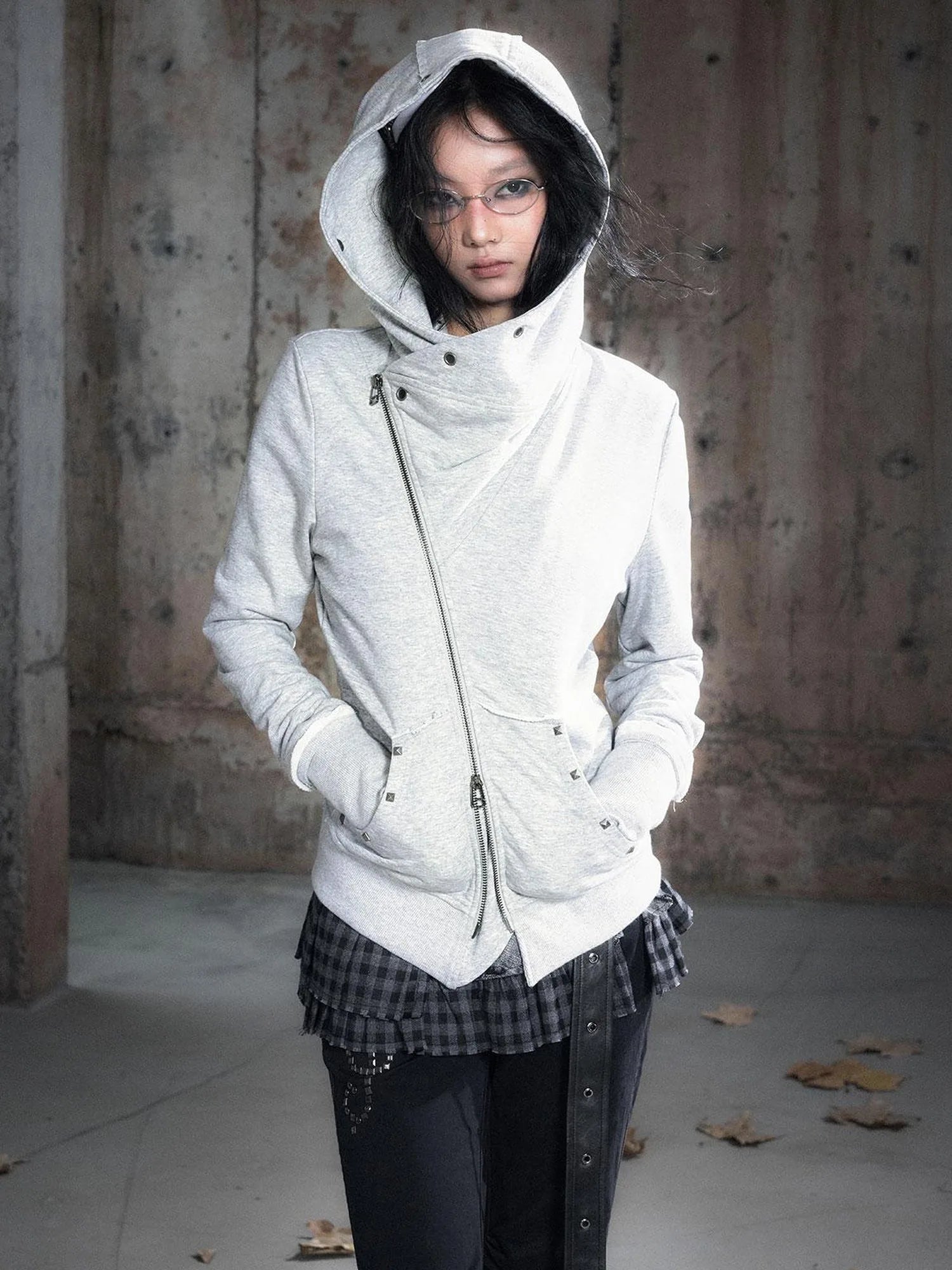 Vintage Deconstructed Lapel Belted Washed Long Sleeve Hooded Sweatshirt