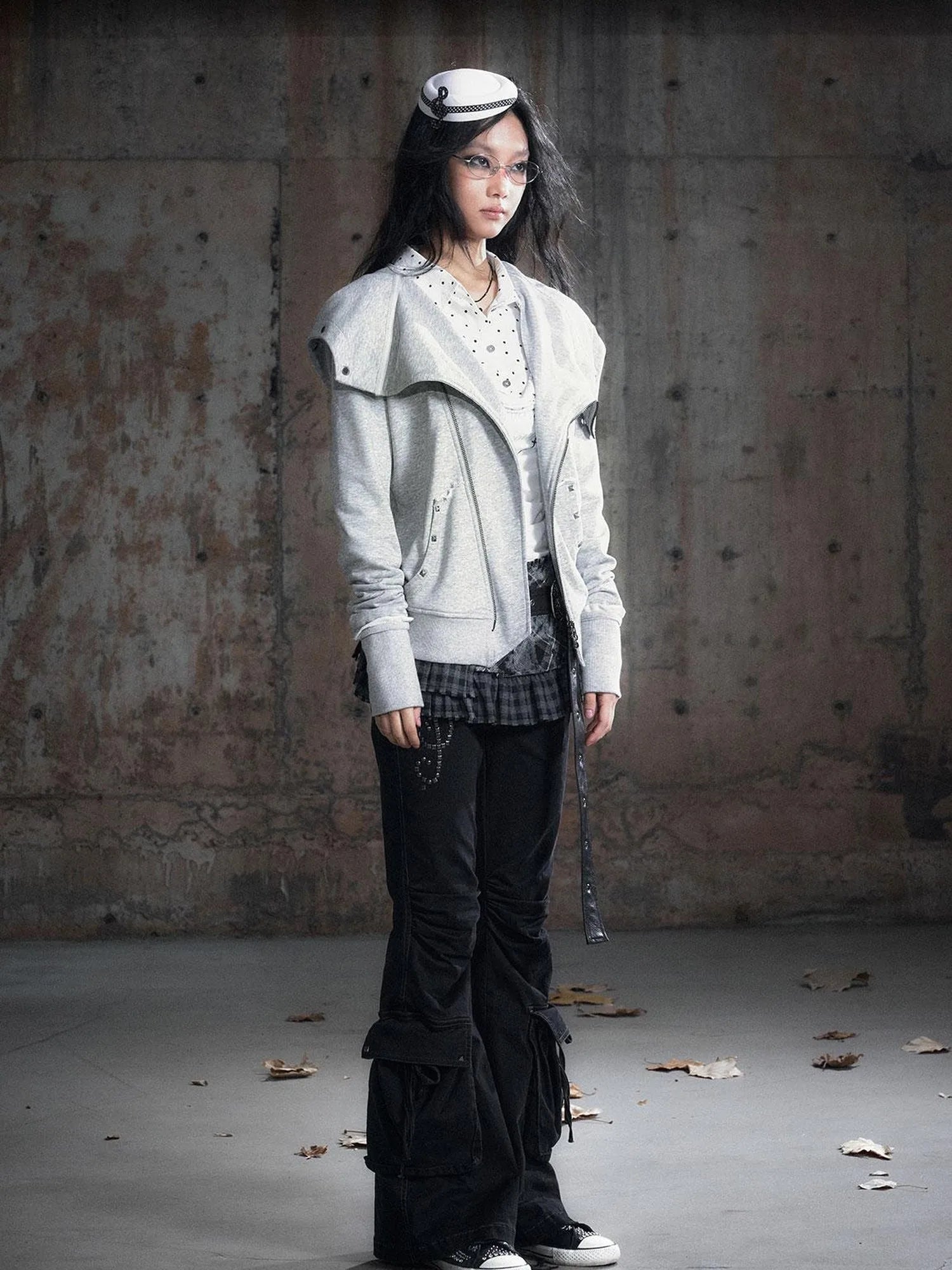 Vintage Deconstructed Lapel Belted Washed Long Sleeve Hooded Sweatshirt