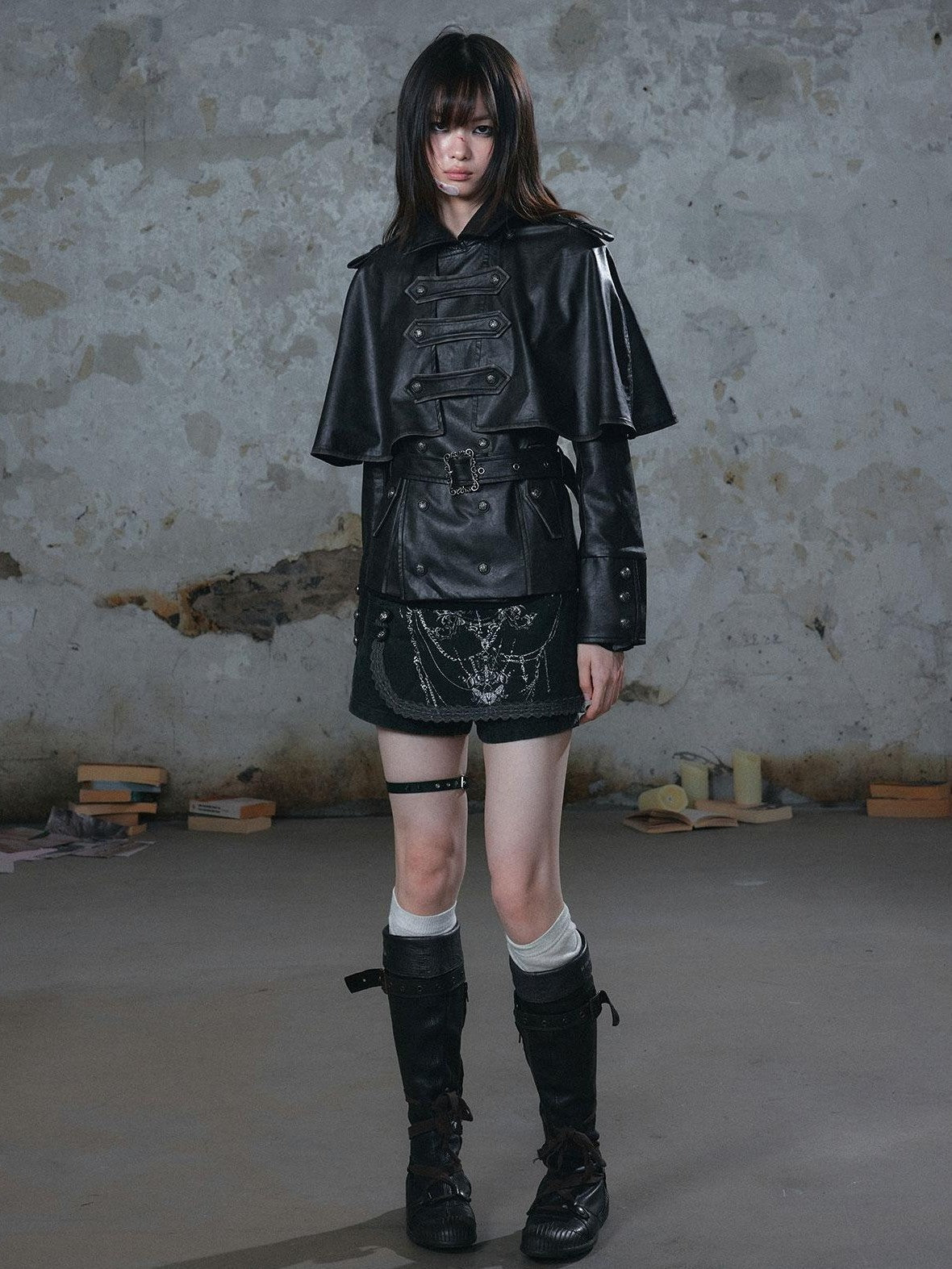 Cest Nous Vintage Distressed Belted Cavalry Buckle Napoleon Detachable Cape Pu Women&