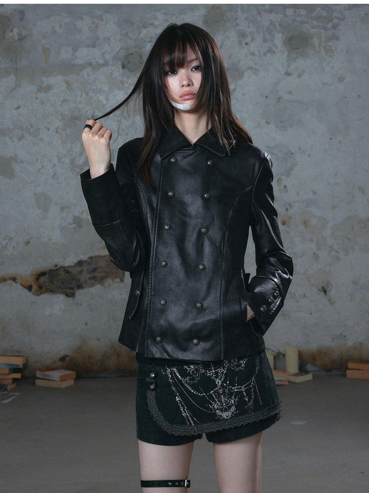 Cest Nous Vintage Distressed Belted Cavalry Buckle Napoleon Detachable Cape Pu Women&