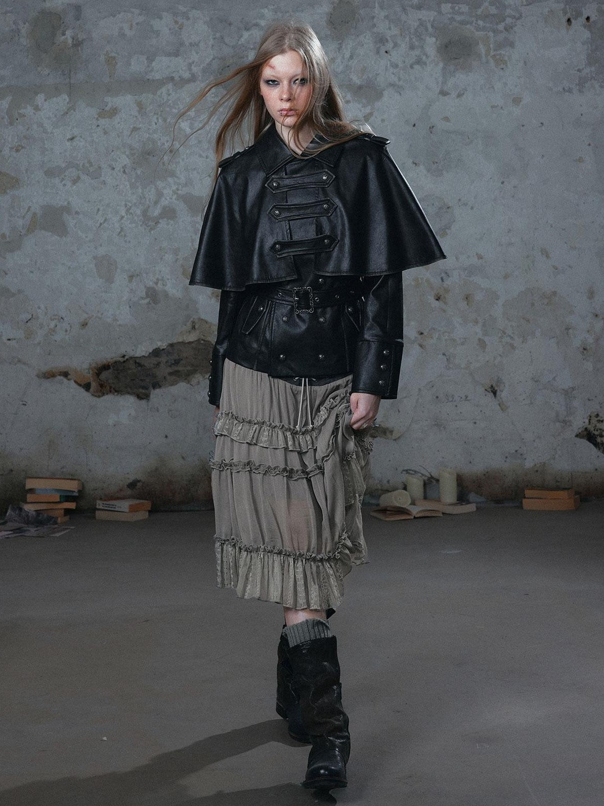 Cest Nous Vintage Distressed Belted Cavalry Buckle Napoleon Detachable Cape Pu Women&