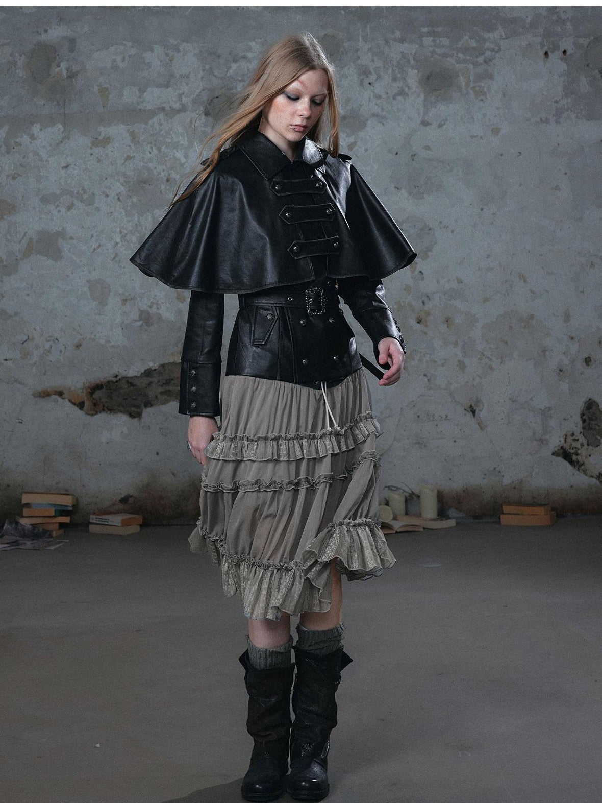 Cest Nous Vintage Distressed Belted Cavalry Buckle Napoleon Detachable Cape Pu Women&