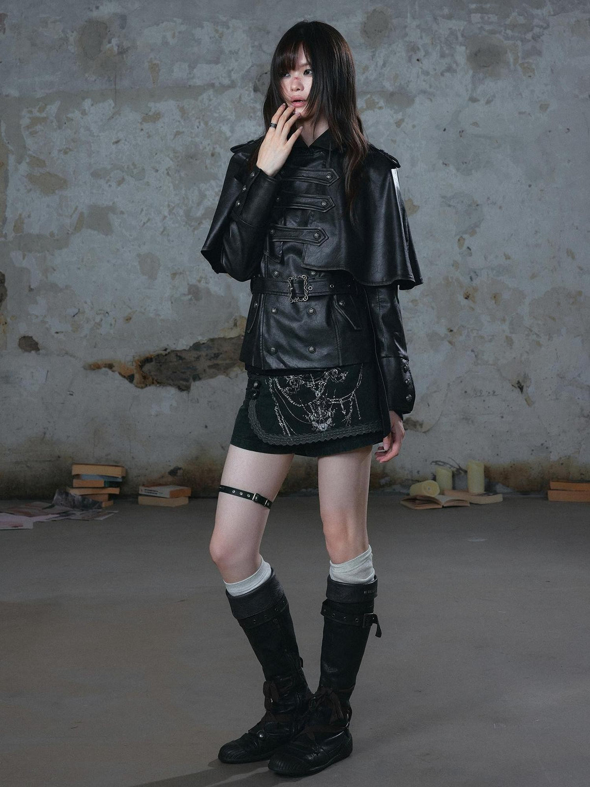 Cest Nous Vintage Distressed Belted Cavalry Buckle Napoleon Detachable Cape Pu Women&