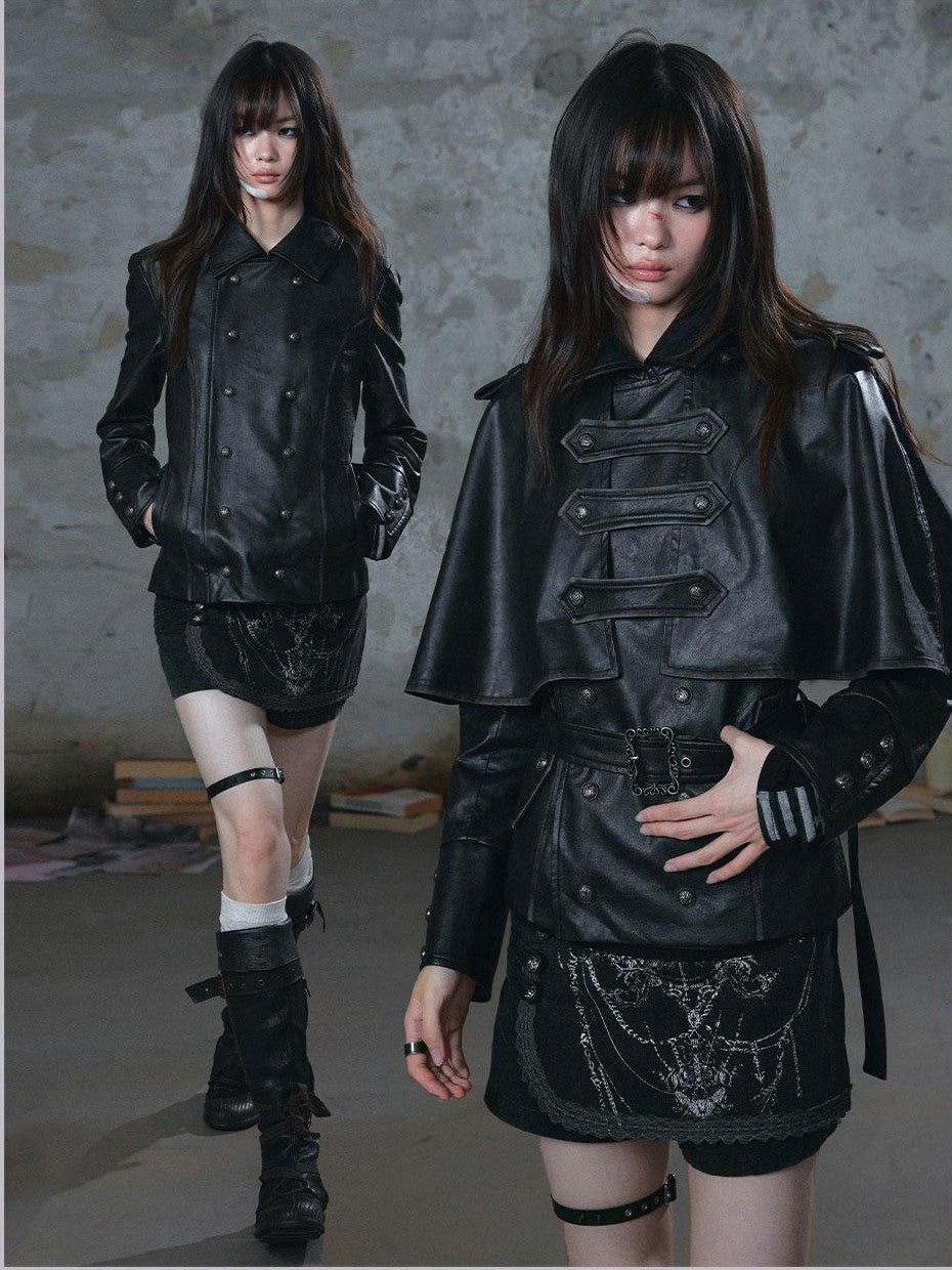 Cest Nous Vintage Distressed Belted Cavalry Buckle Napoleon Detachable Cape Pu Women&