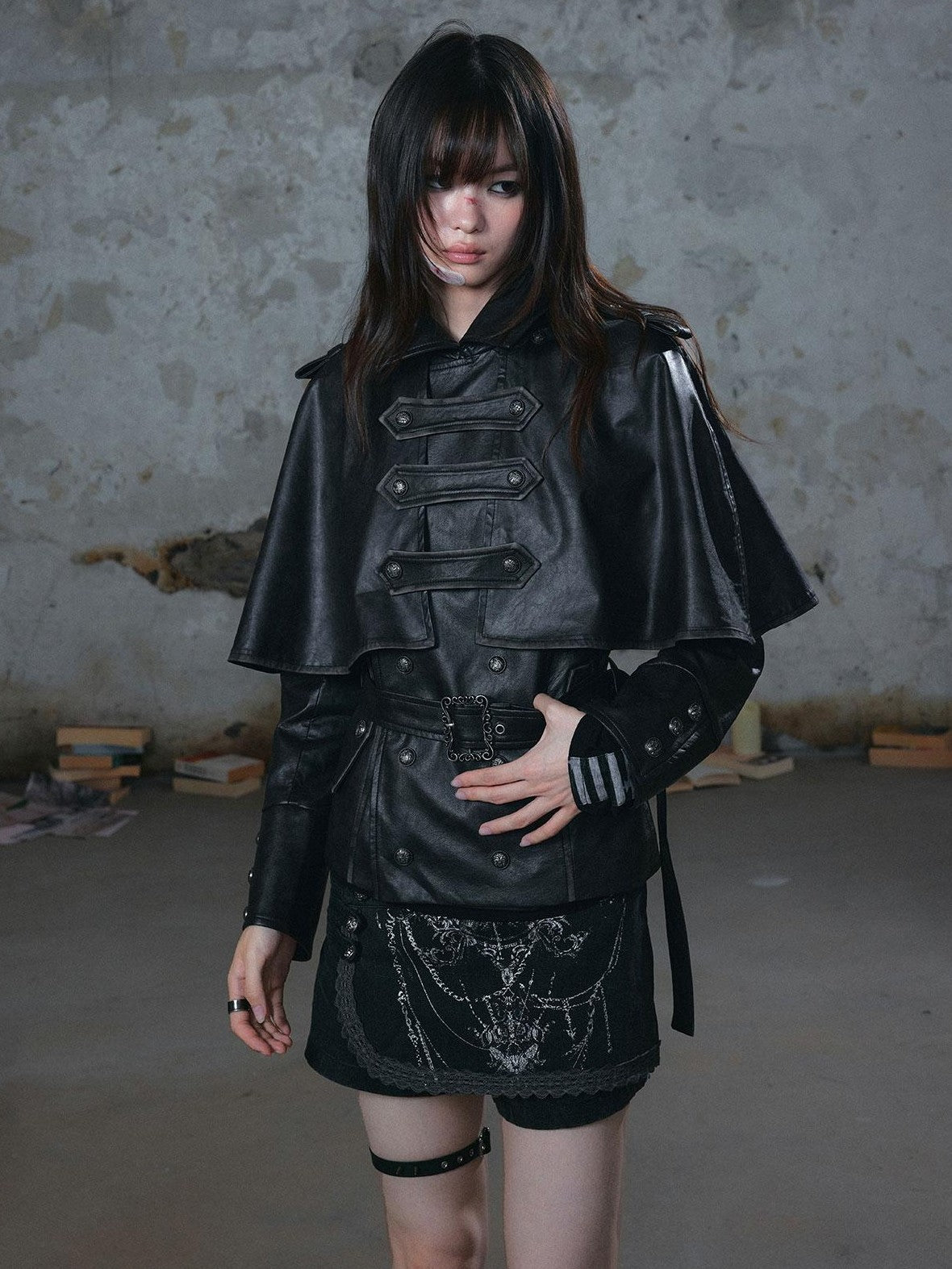Cest Nous Vintage Distressed Belted Cavalry Buckle Napoleon Detachable Cape Pu Women&