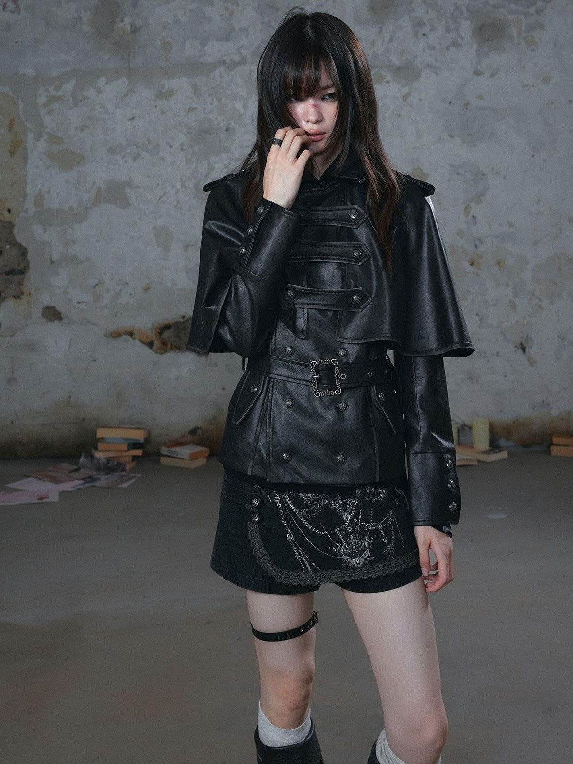 Cest Nous Vintage Distressed Belted Cavalry Buckle Napoleon Detachable Cape Pu Women&