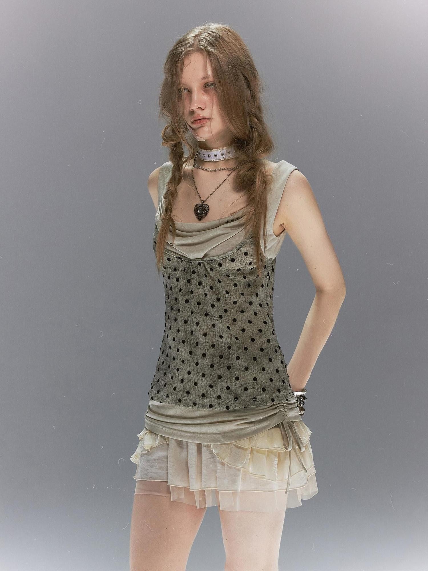 Cest Nous Vintage Flocked Mesh Polka Dot Faux Layered Drape Neck Women&