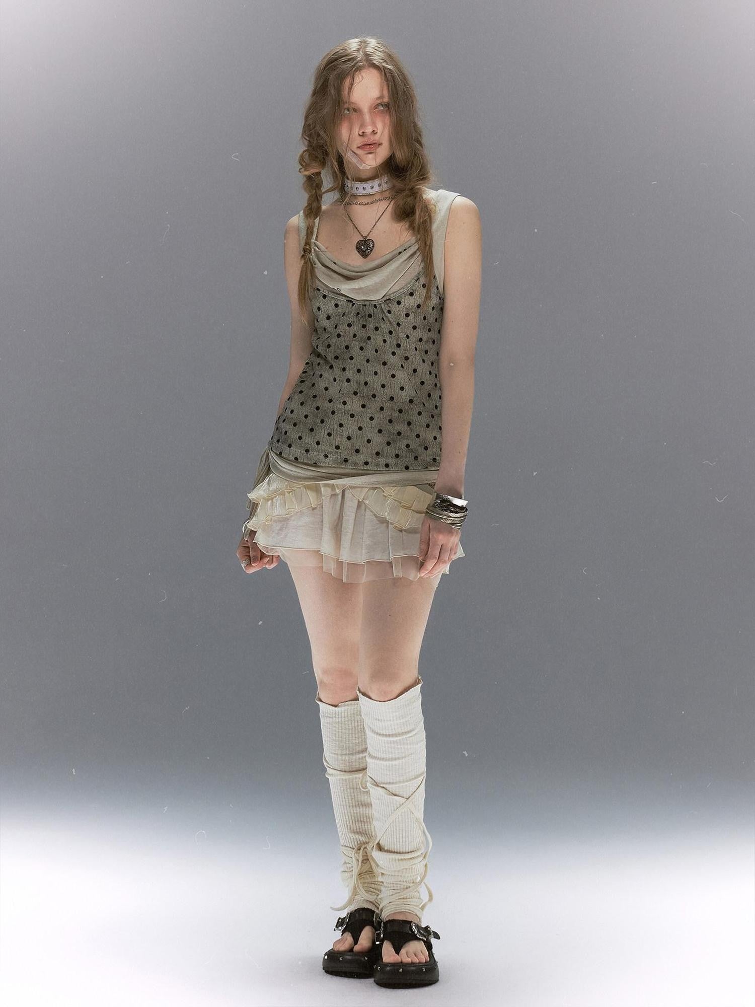 Cest Nous Vintage Flocked Mesh Polka Dot Faux Layered Drape Neck Women&