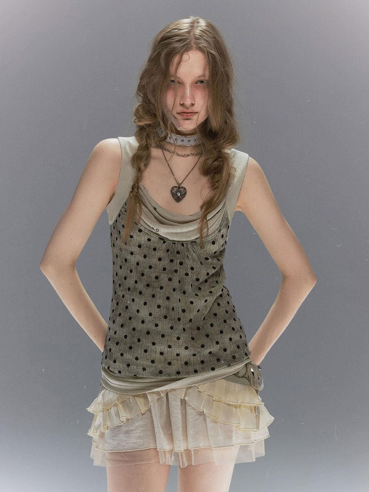 Cest Nous Vintage Flocked Mesh Polka Dot Faux Layered Drape Neck Women&