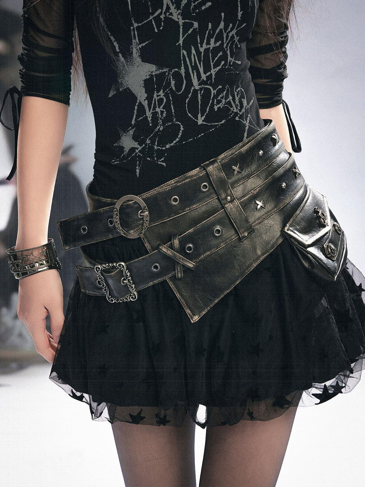 Cest Nous Vintage Metal Filigree Cross Stud Double Waist Women&