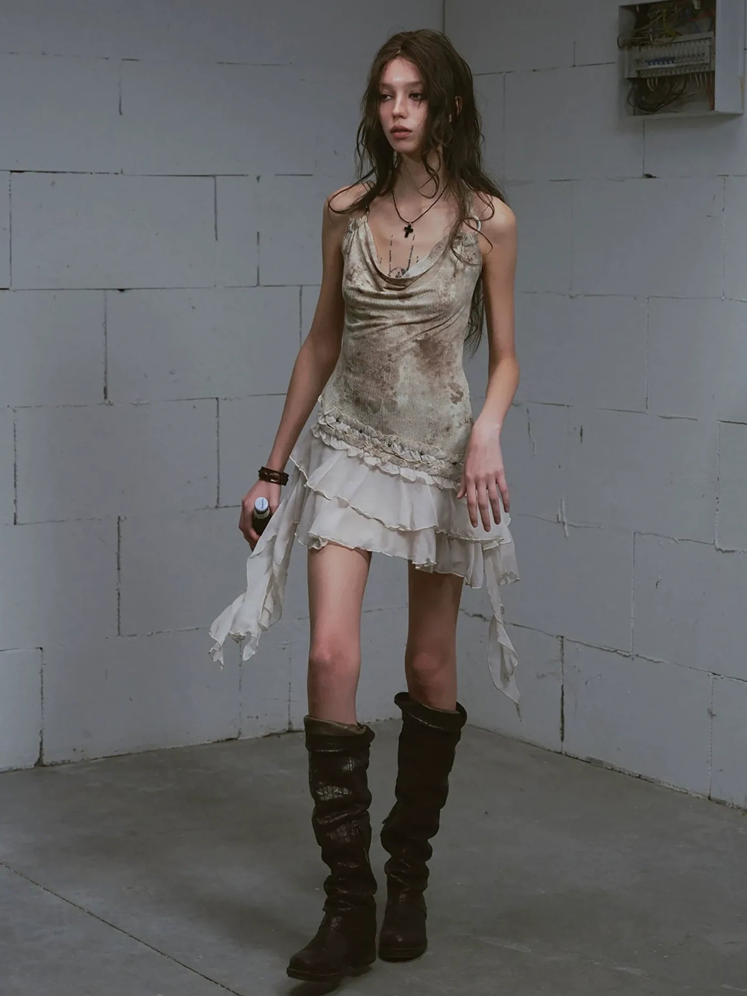 Cest Nous Vintage Ombre Lace Trim Slit Hem Dress