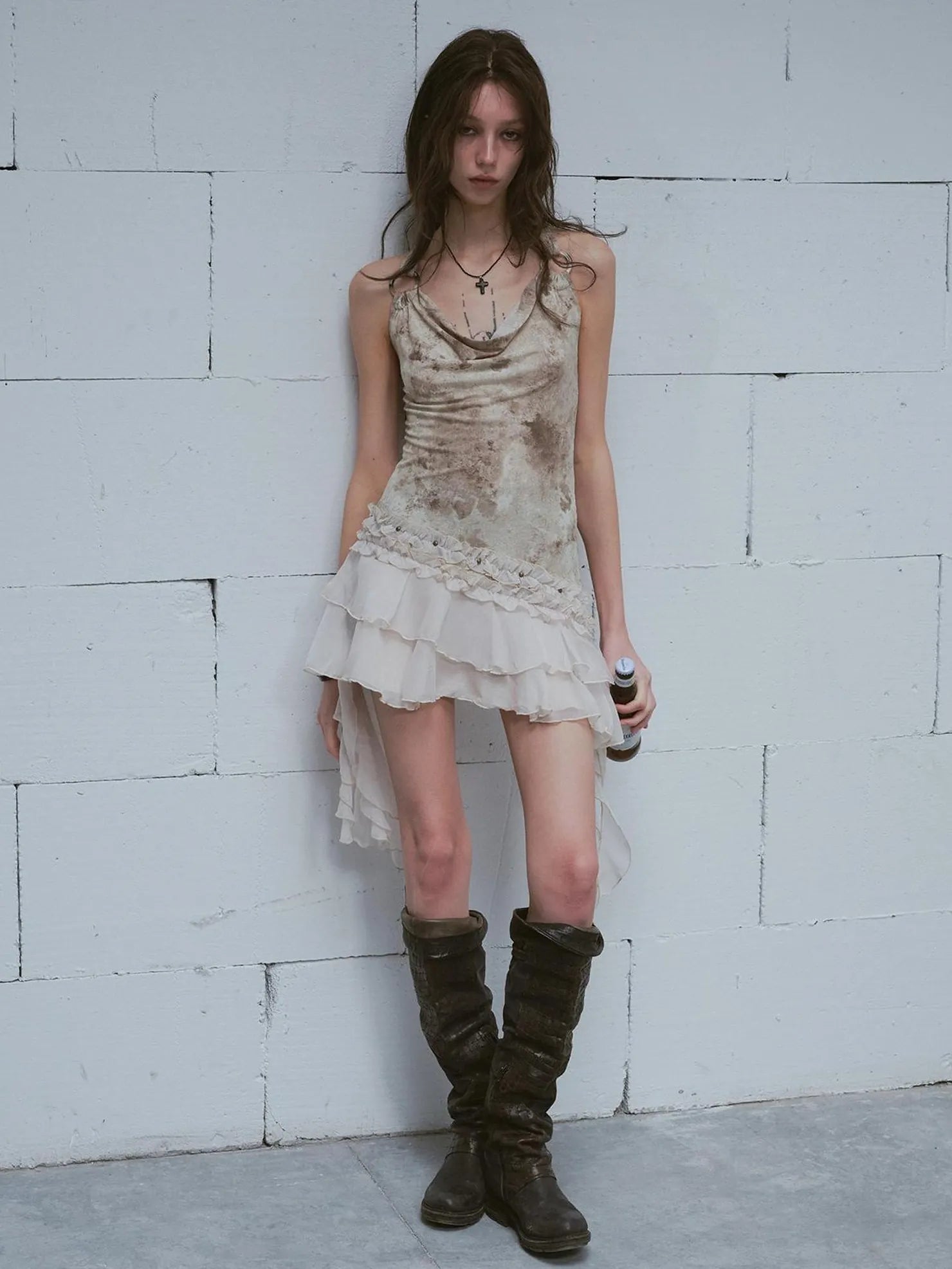Cest Nous Vintage Ombre Lace Trim Slit Hem Dress