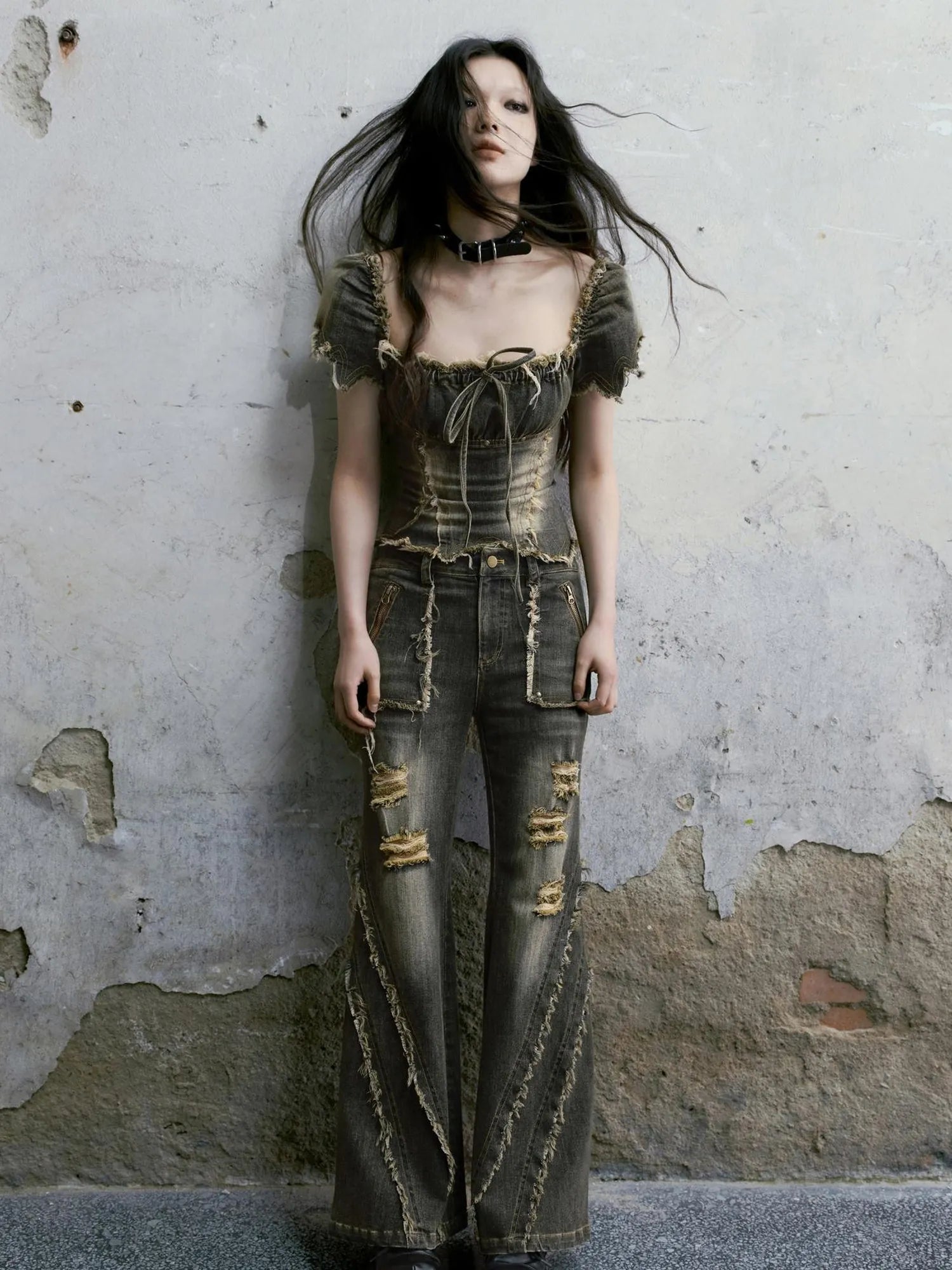 Vintage Washed Punk Corset Denim Top