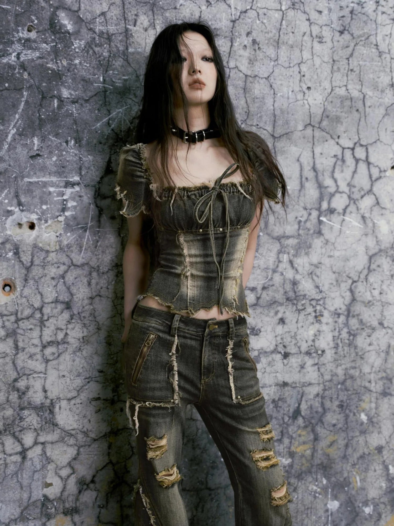 Vintage Washed Punk Corset Denim Top