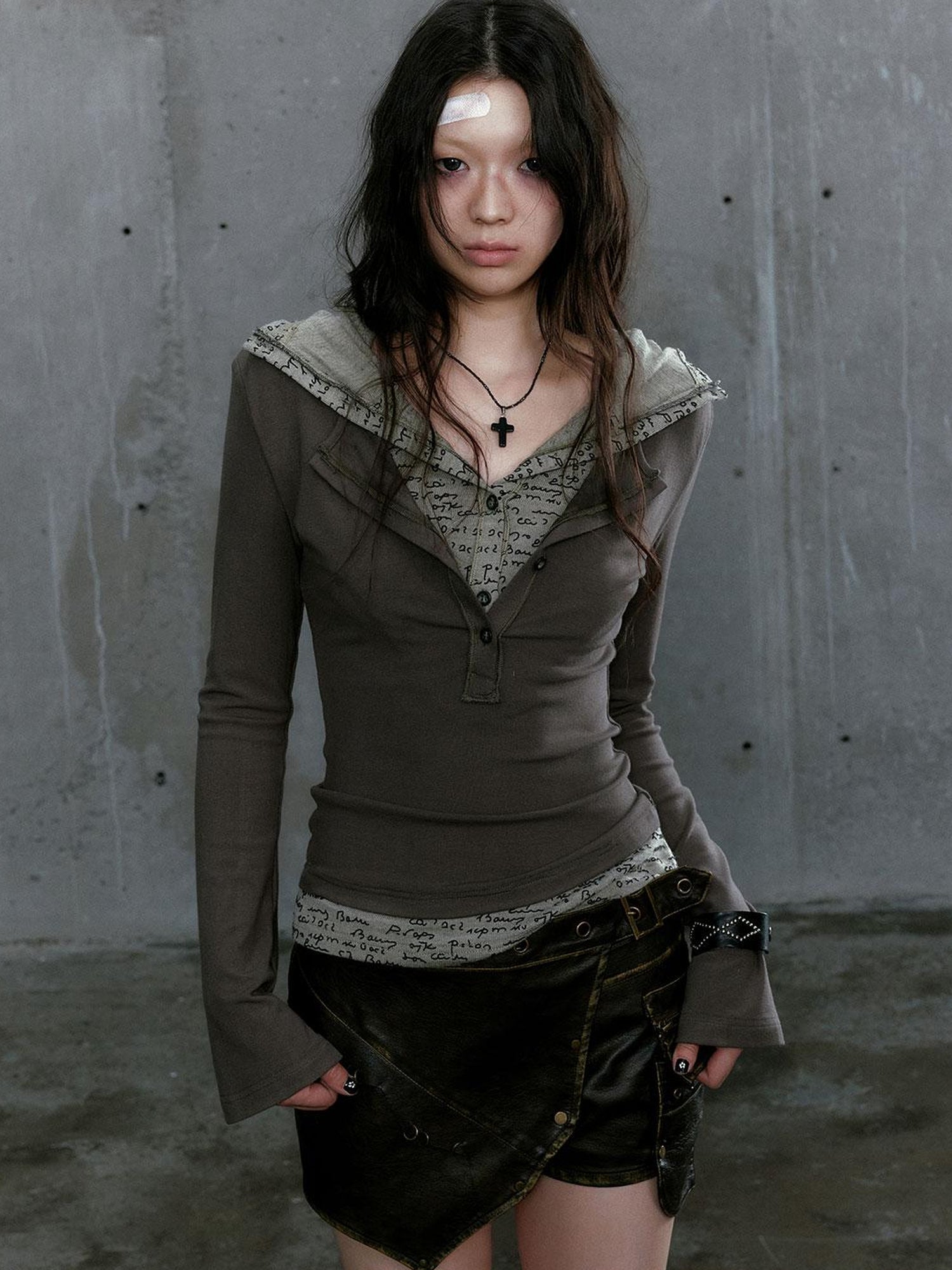 Cest Nous Wander Punk Layered Collage Hooded Knit Top