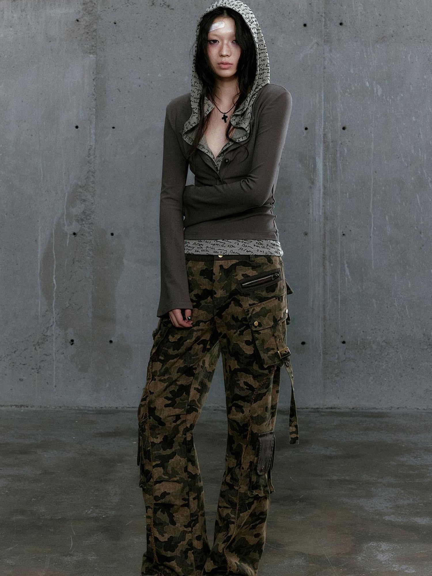 Cest Nous Wander Punk Layered Collage Hooded Knit Top