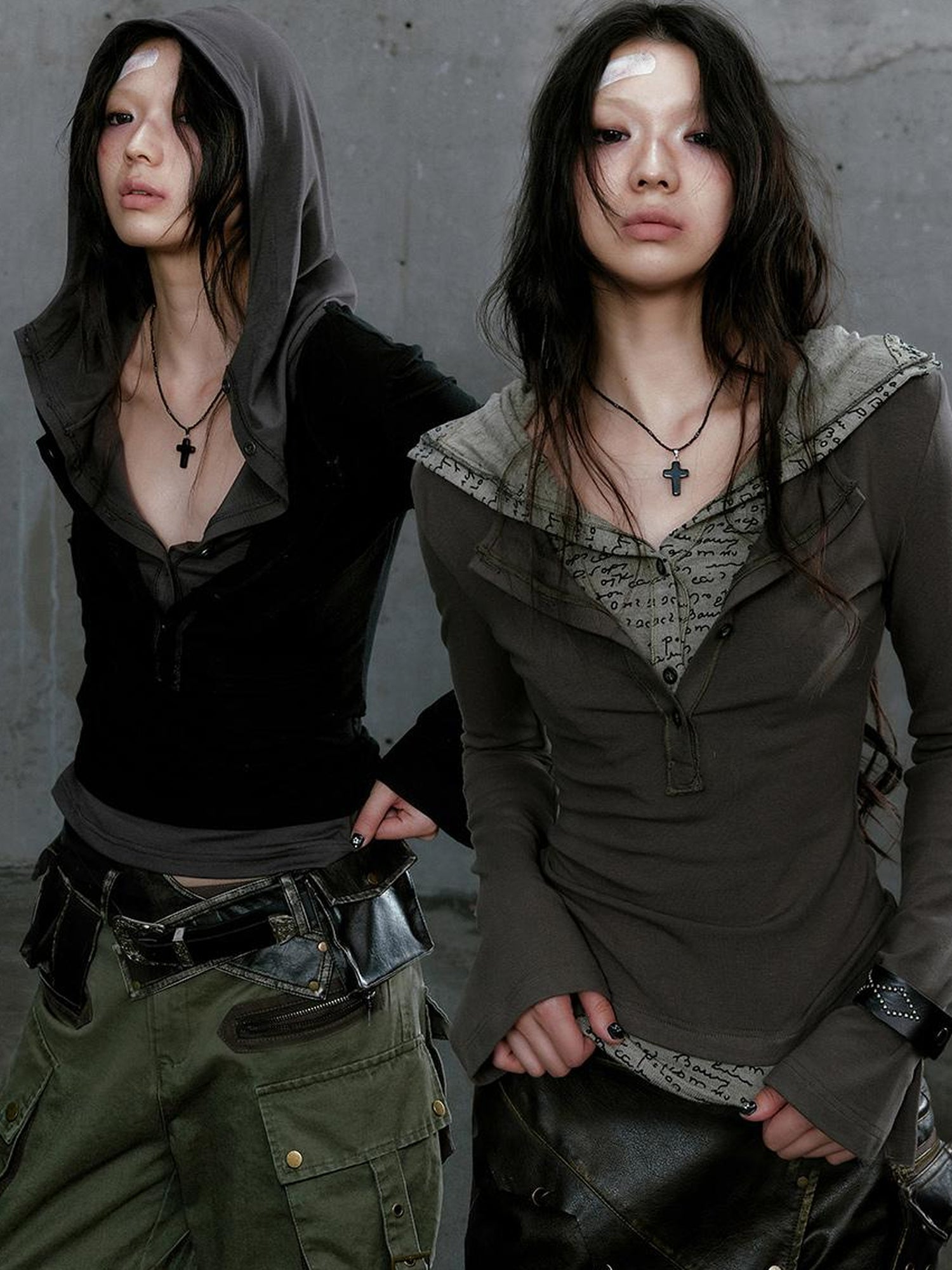 Cest Nous Wander Punk Layered Collage Hooded Knit Top