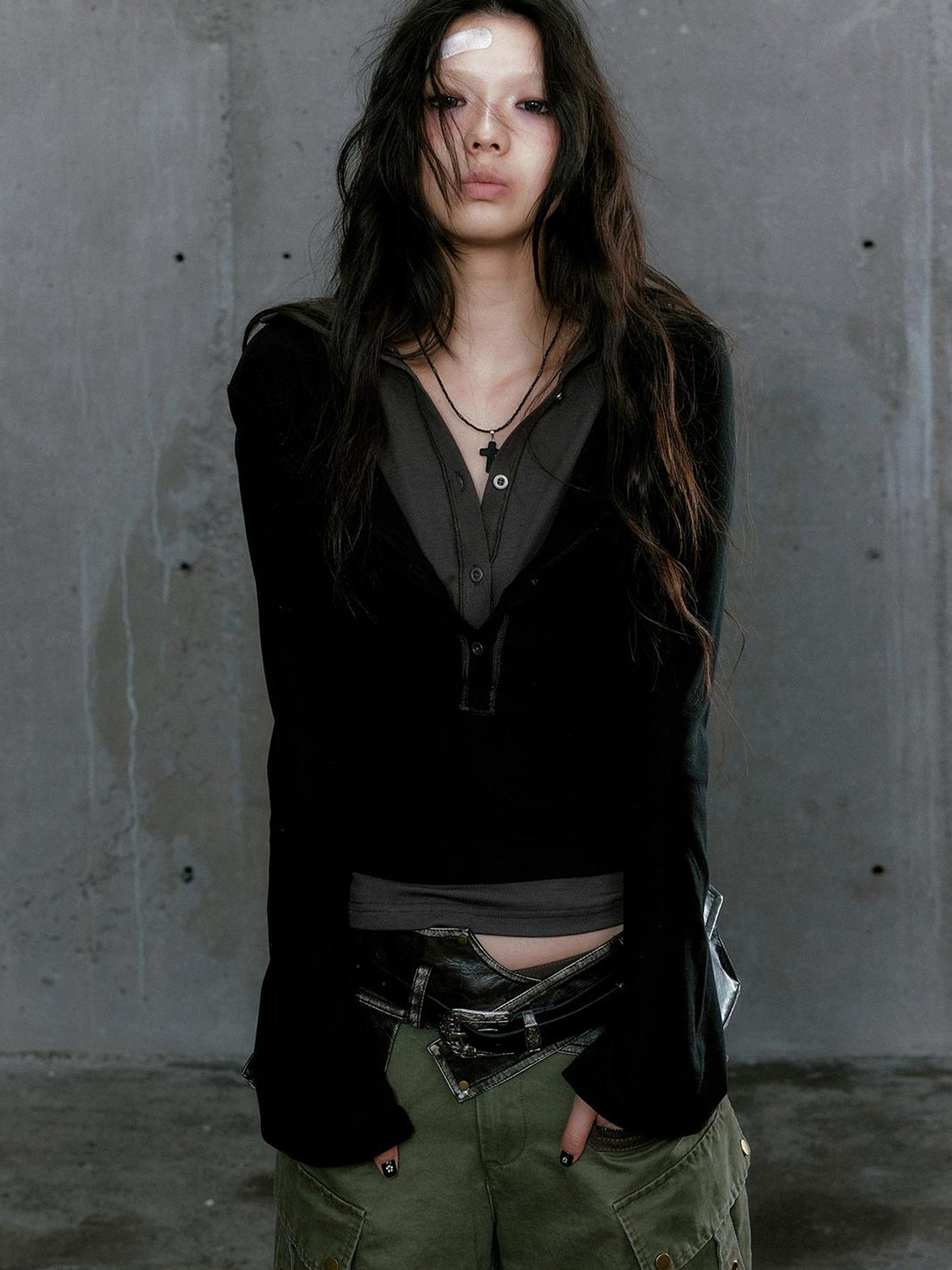 Cest Nous Wander Punk Layered Collage Hooded Knit Top