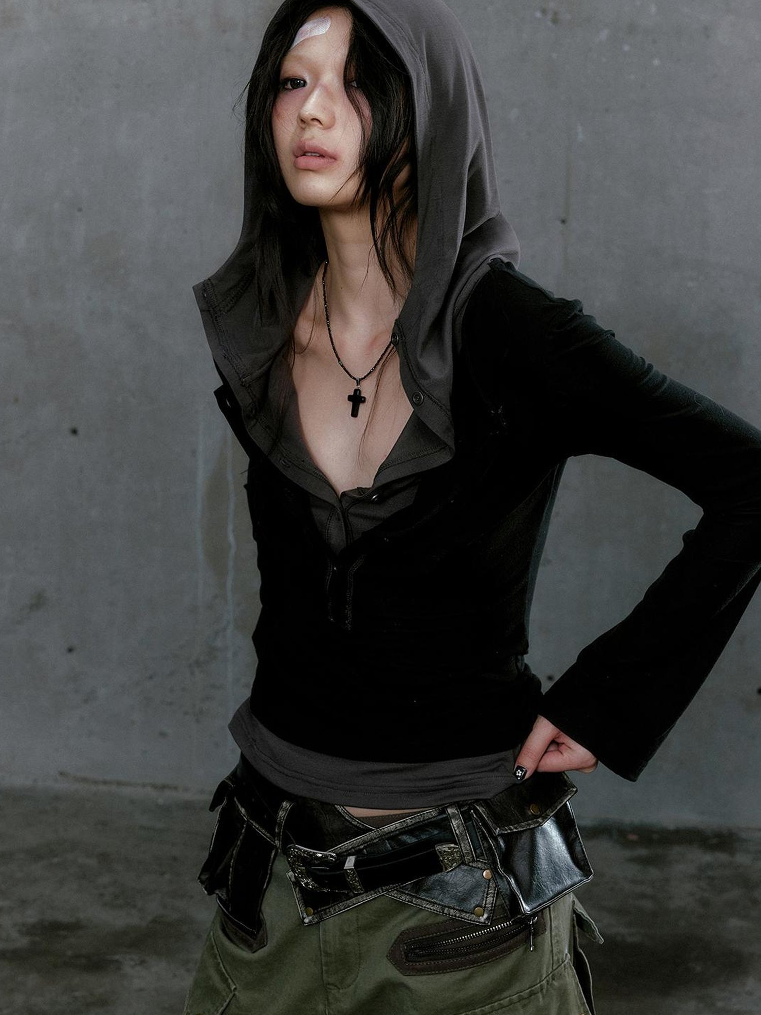 Cest Nous Wander Punk Layered Collage Hooded Knit Top