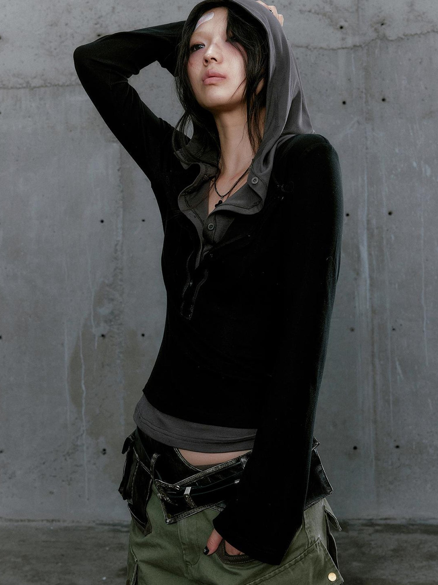 Cest Nous Wander Punk Layered Collage Hooded Knit Top