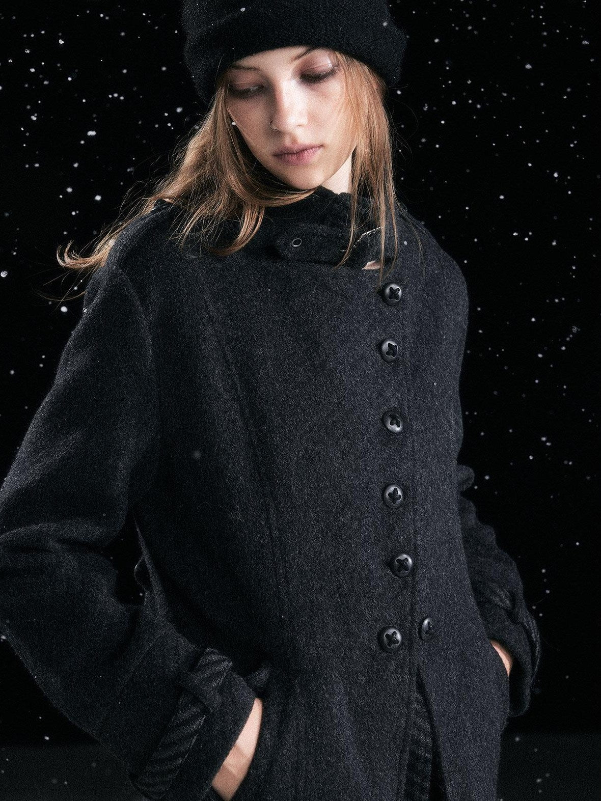 Cest Nous Warm Thick Mid Length Lapel Collar Loose Fit Commuter Black Gray Coat