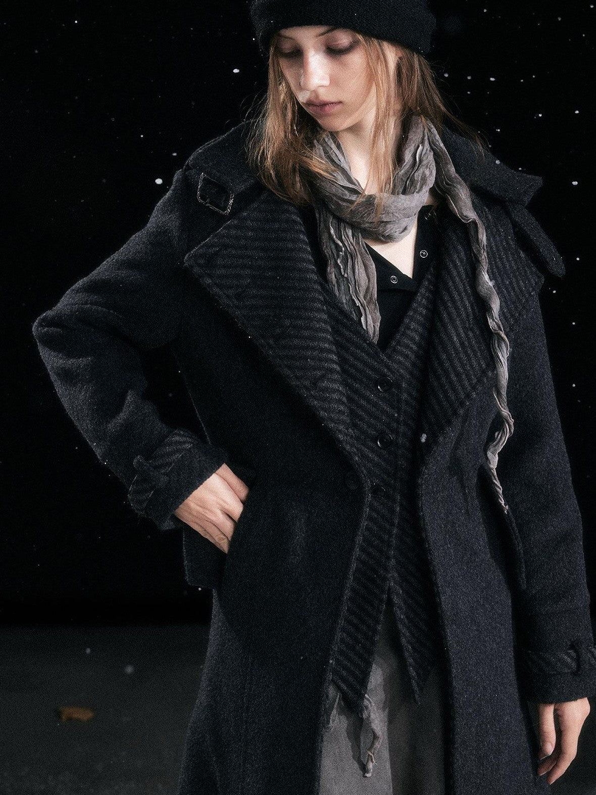 Cest Nous Warm Thick Mid Length Lapel Collar Loose Fit Commuter Black Gray Coat