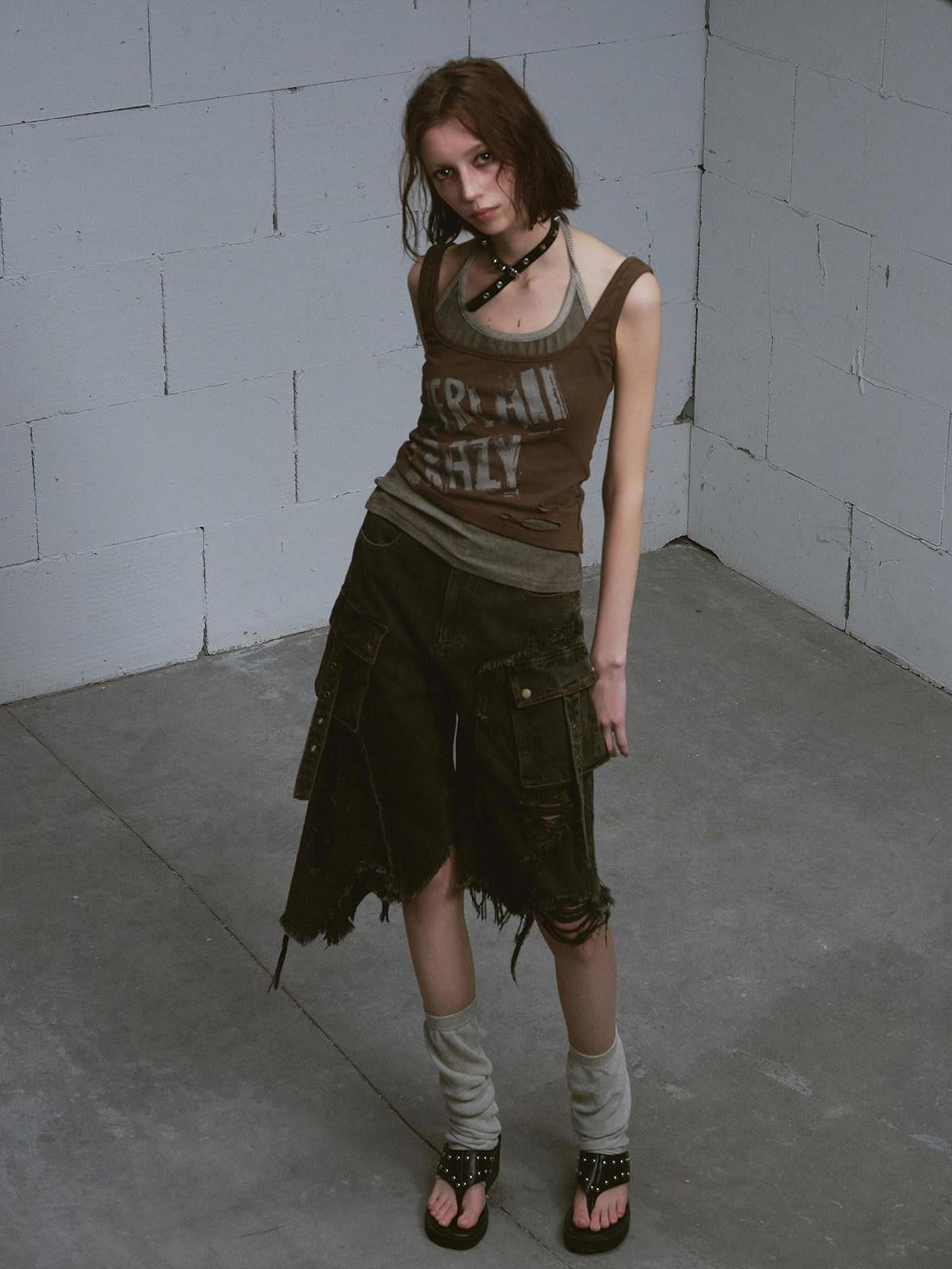 Cest Nous Washed Black Ripped Patchwork Frayed Hem Grunge Women&