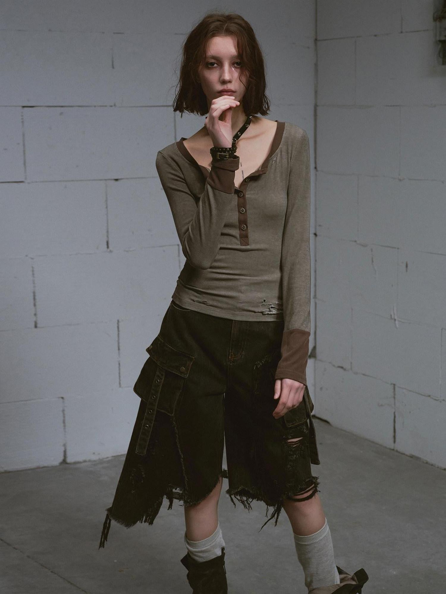 Cest Nous Washed Black Ripped Patchwork Frayed Hem Grunge Women&