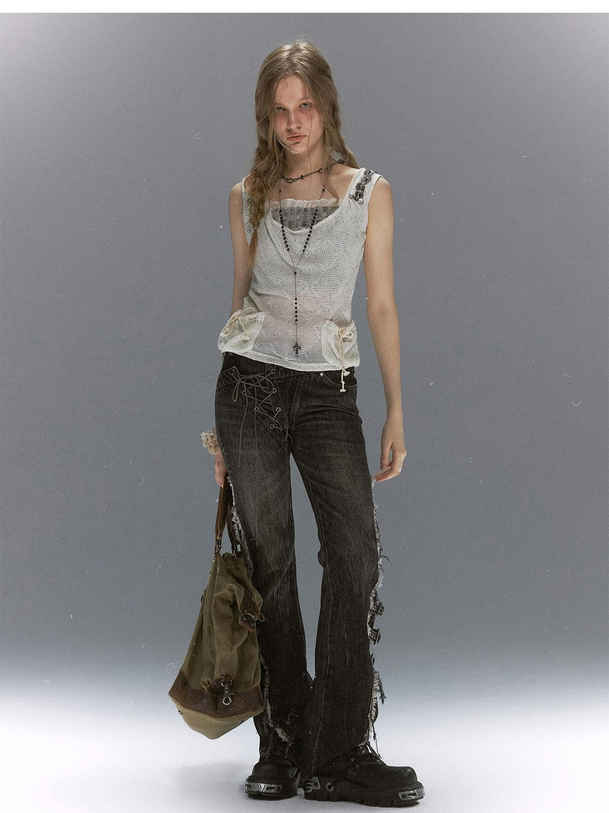 Cest Nous Washed Crackle Punk Asymmetrical Waist Deconstructed Tie Women&