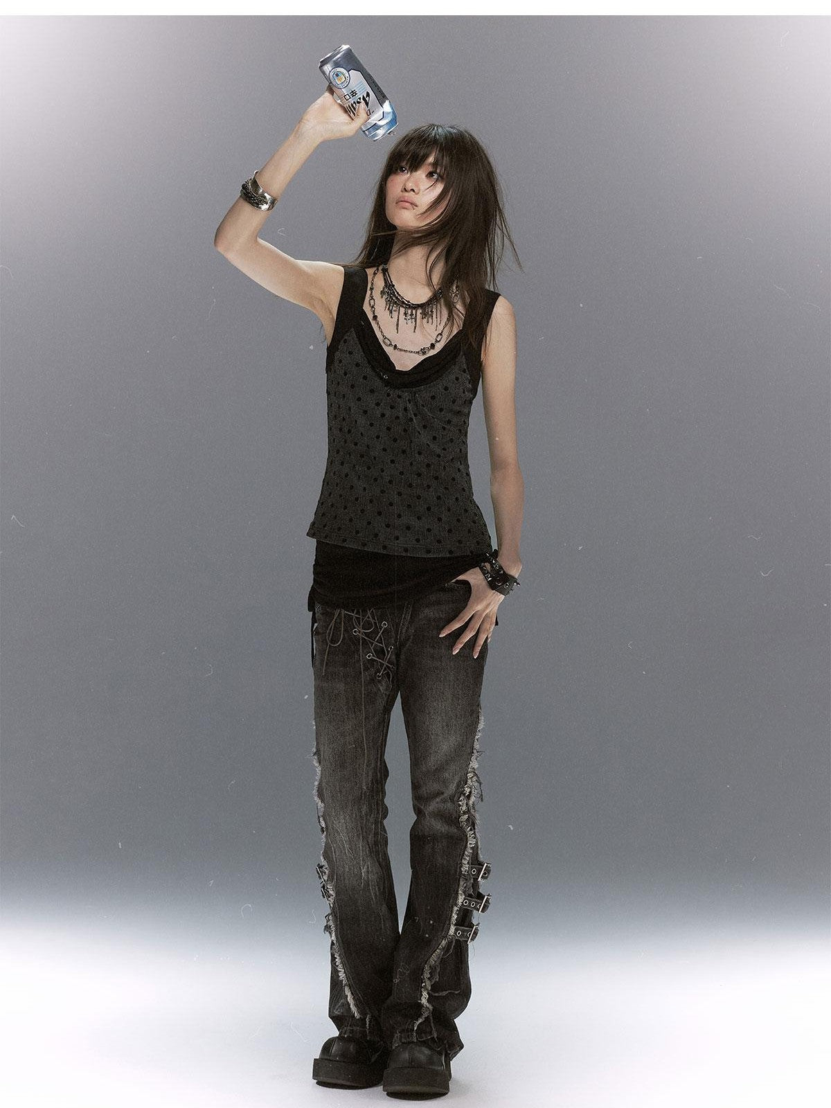 Cest Nous Washed Crackle Punk Asymmetrical Waist Deconstructed Tie Women&