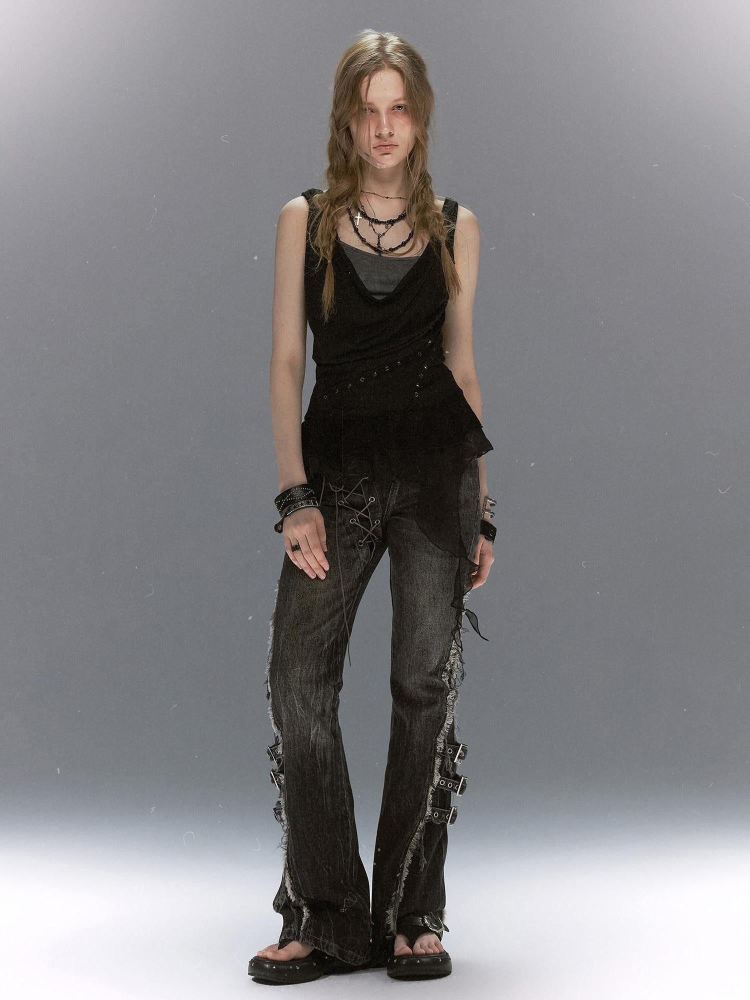 Cest Nous Washed Crackle Punk Asymmetrical Waist Deconstructed Tie Women&