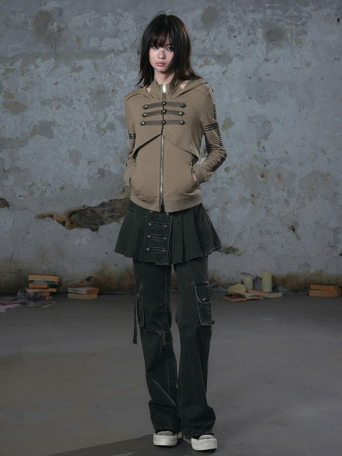Cest Nous Washed Pleated Panel Splice Cargo Straight Microflare Women&