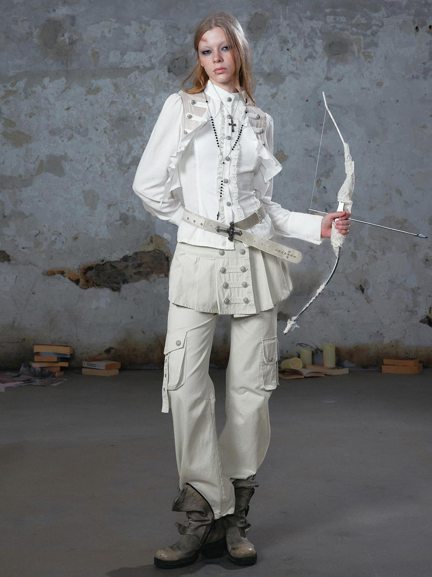 Cest Nous Washed Pleated Panel Splice Cargo Straight Microflare Women&