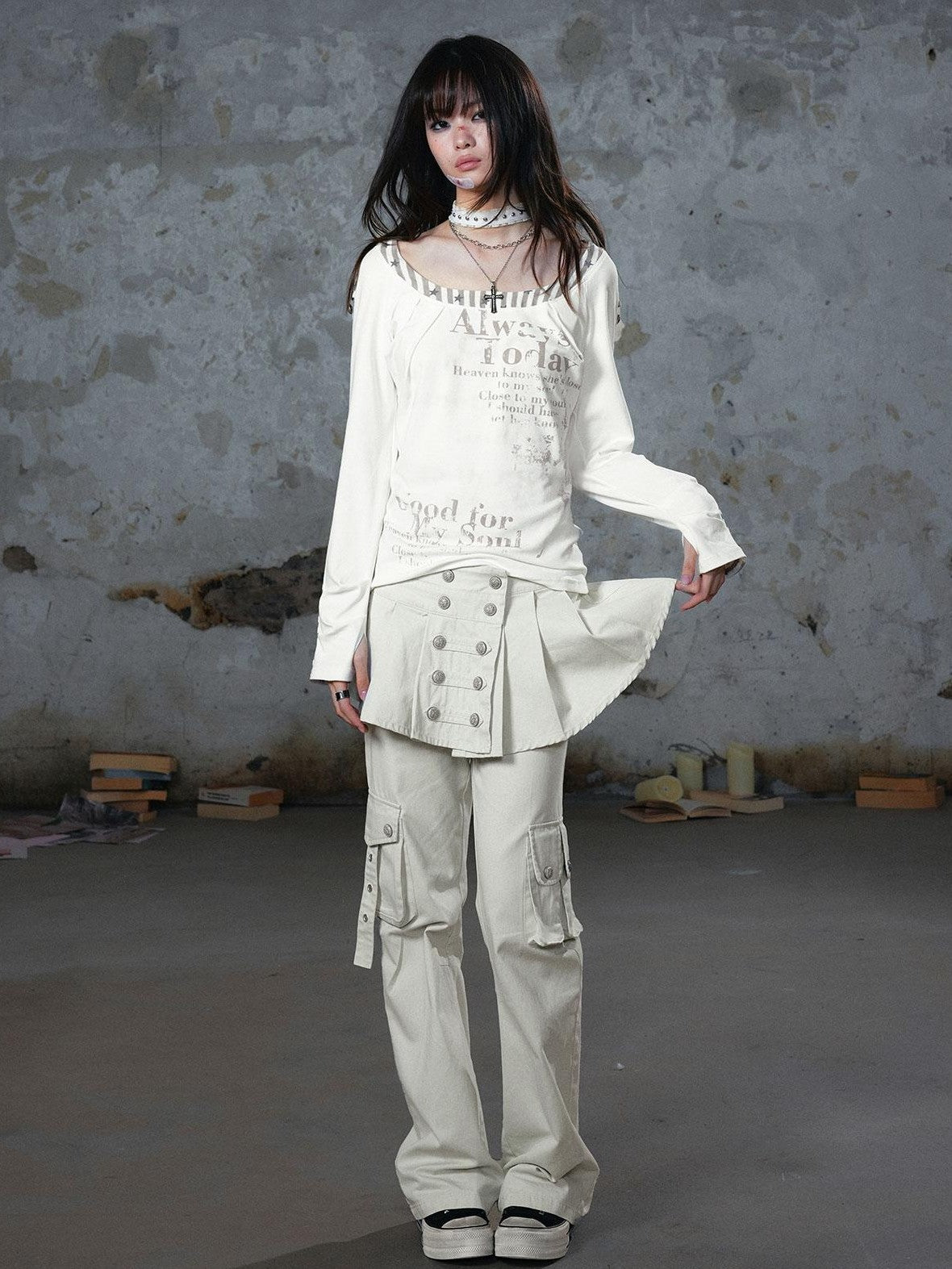 Cest Nous Washed Pleated Panel Splice Cargo Straight Microflare Women&
