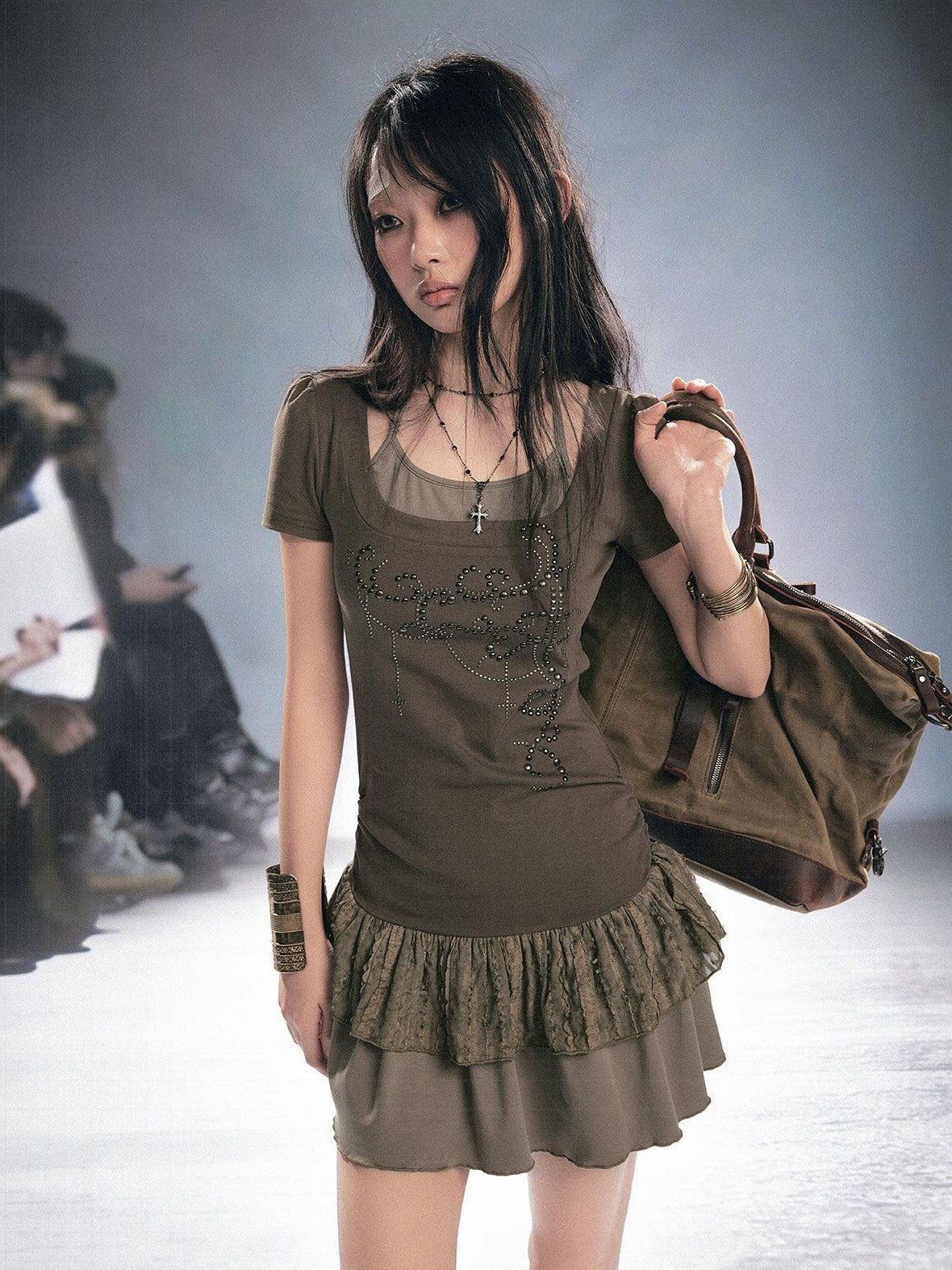 Cest Nous Woodland Rivet Lace Splice Faux Two Piece Women&
