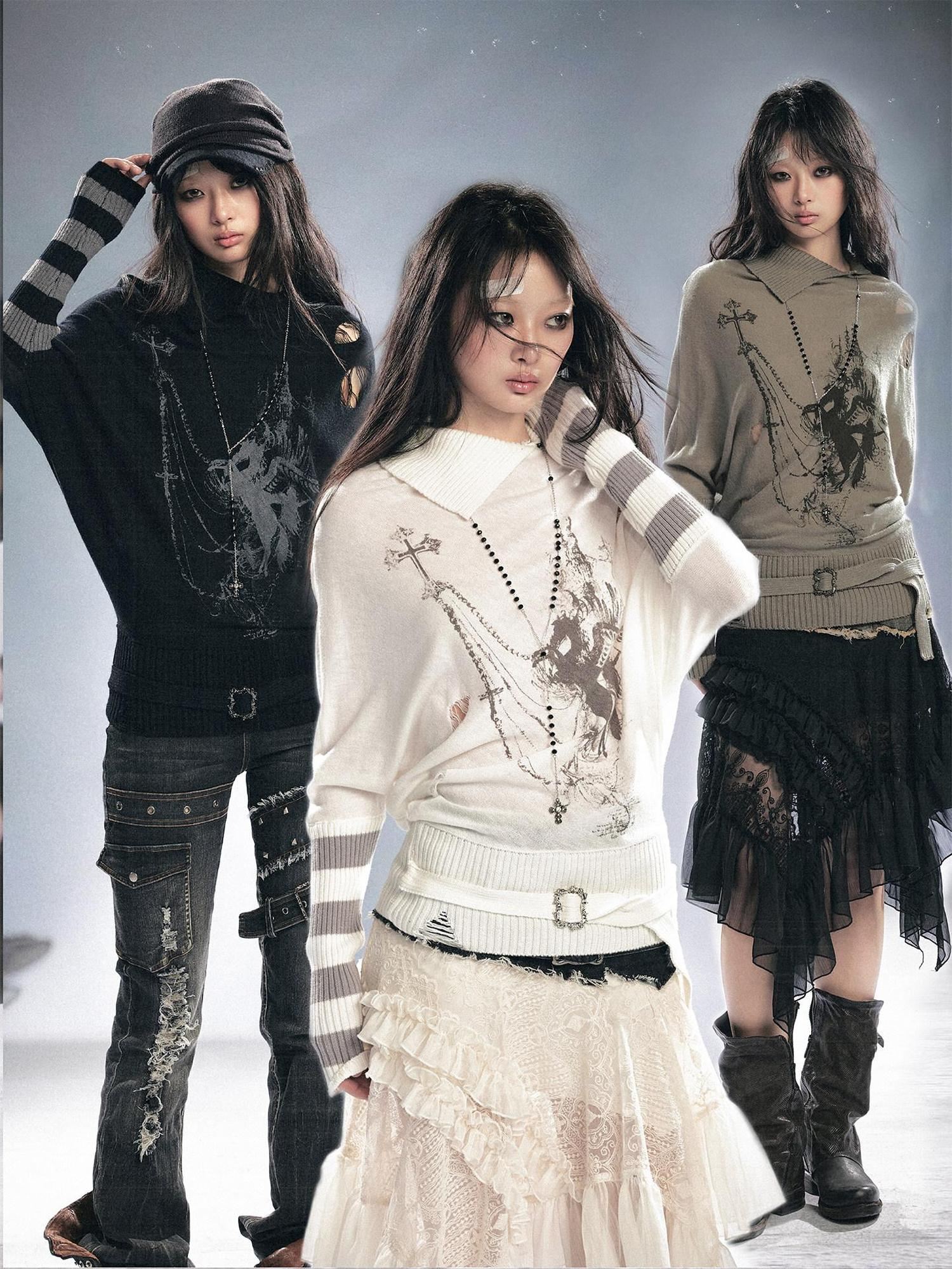 Cest Nous Wool Blend Punk Batwing Sleeve Regular Fit Women Striped Character T-Shirt