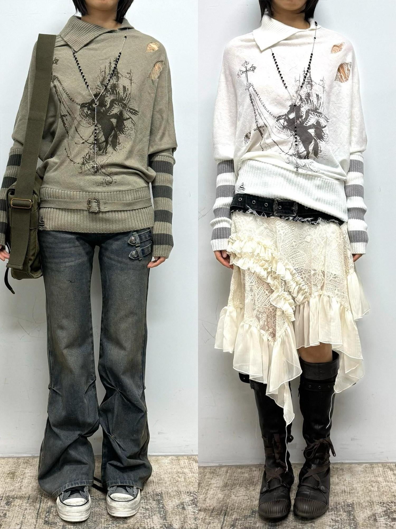 Cest Nous Wool Blend Punk Batwing Sleeve Regular Fit Women Striped Character T-Shirt