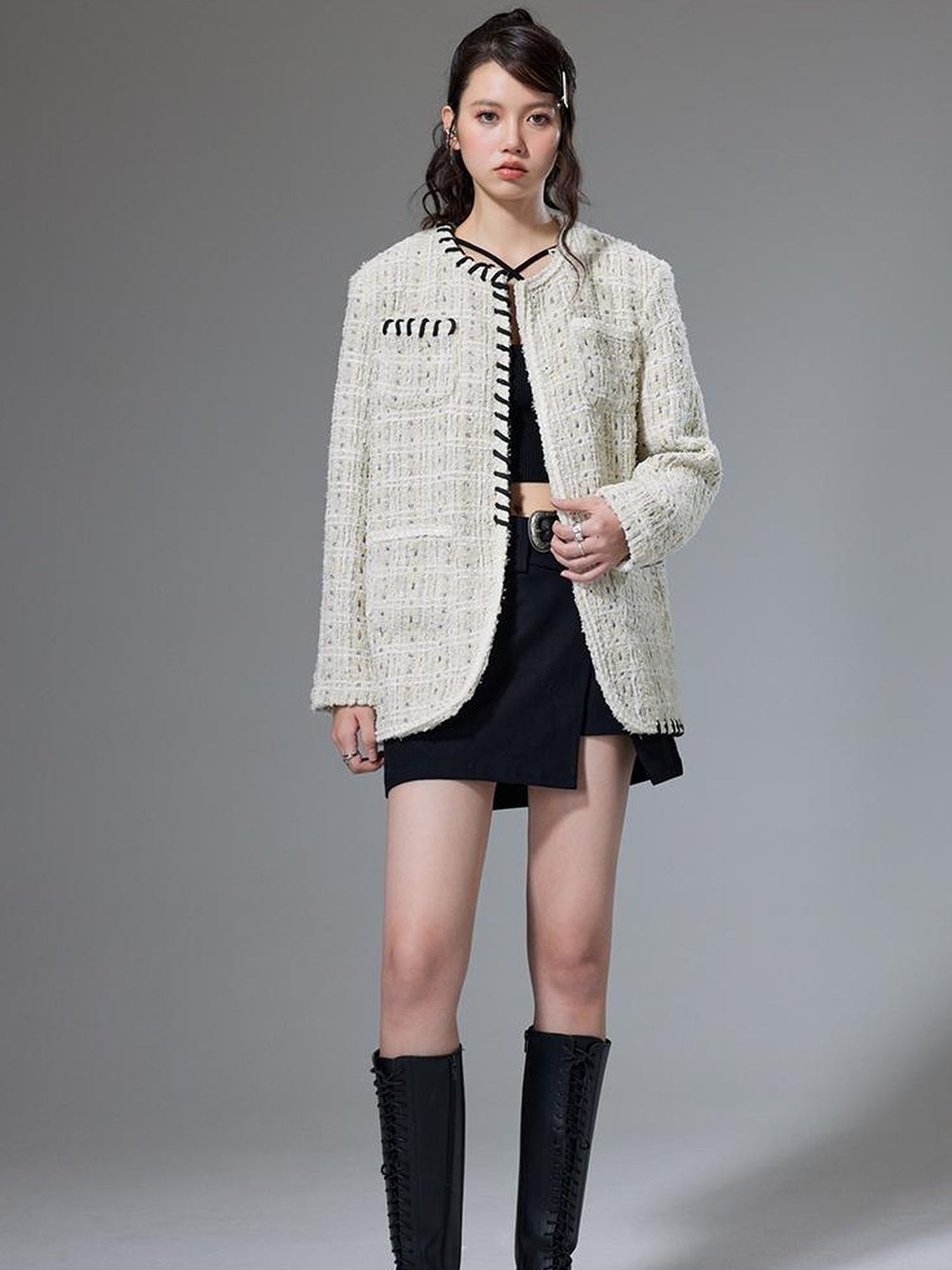 DIDDI MODA Chanel Inspired Tweed Knit Oversized Cardigan With Black Trim
