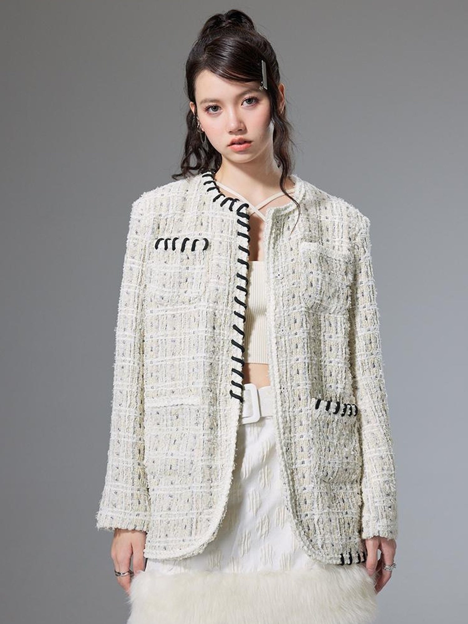 DIDDI MODA Chanel Inspired Tweed Knit Oversized Cardigan With Black Trim