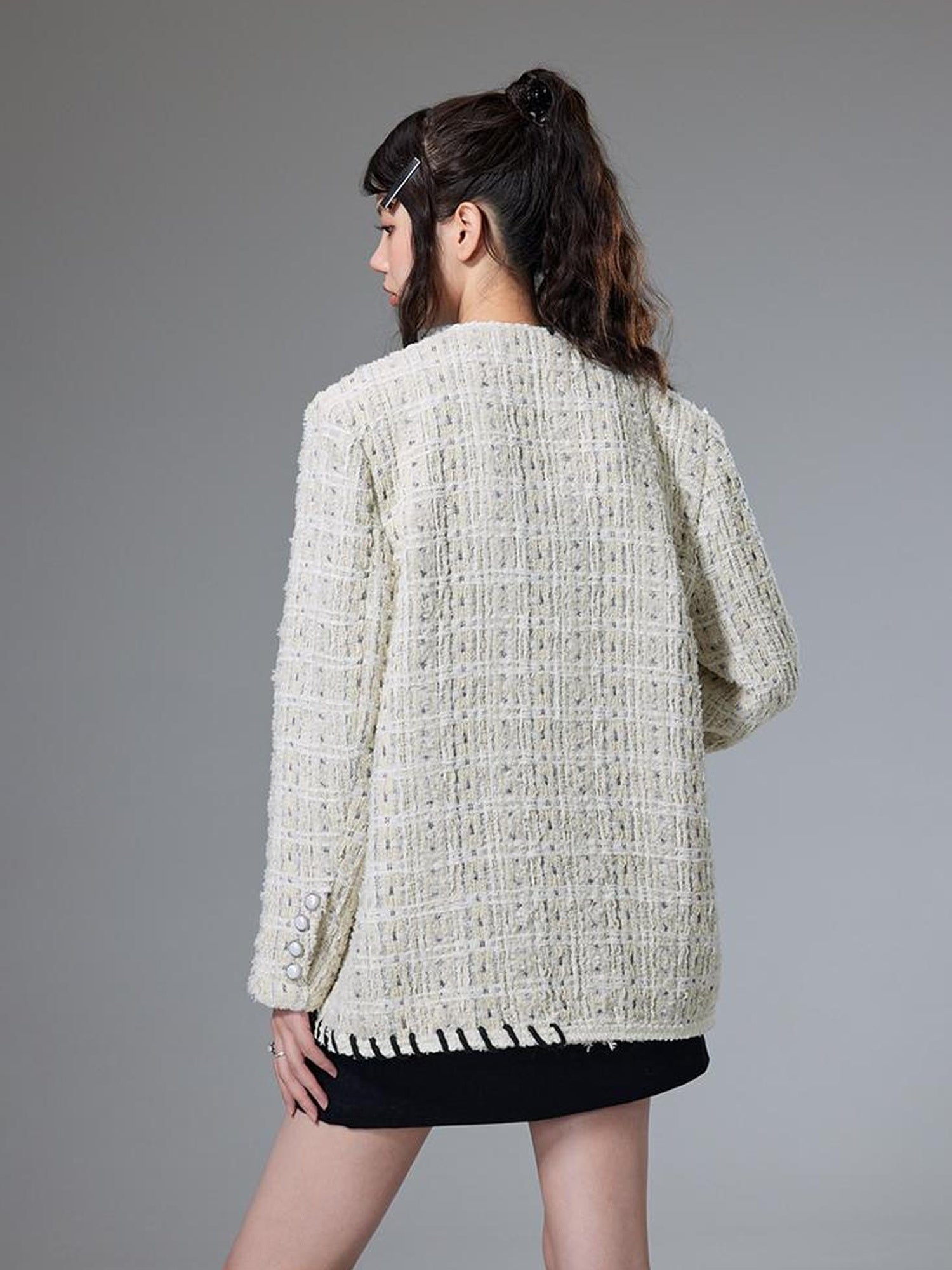 DIDDI MODA Chanel Inspired Tweed Knit Oversized Cardigan With Black Trim