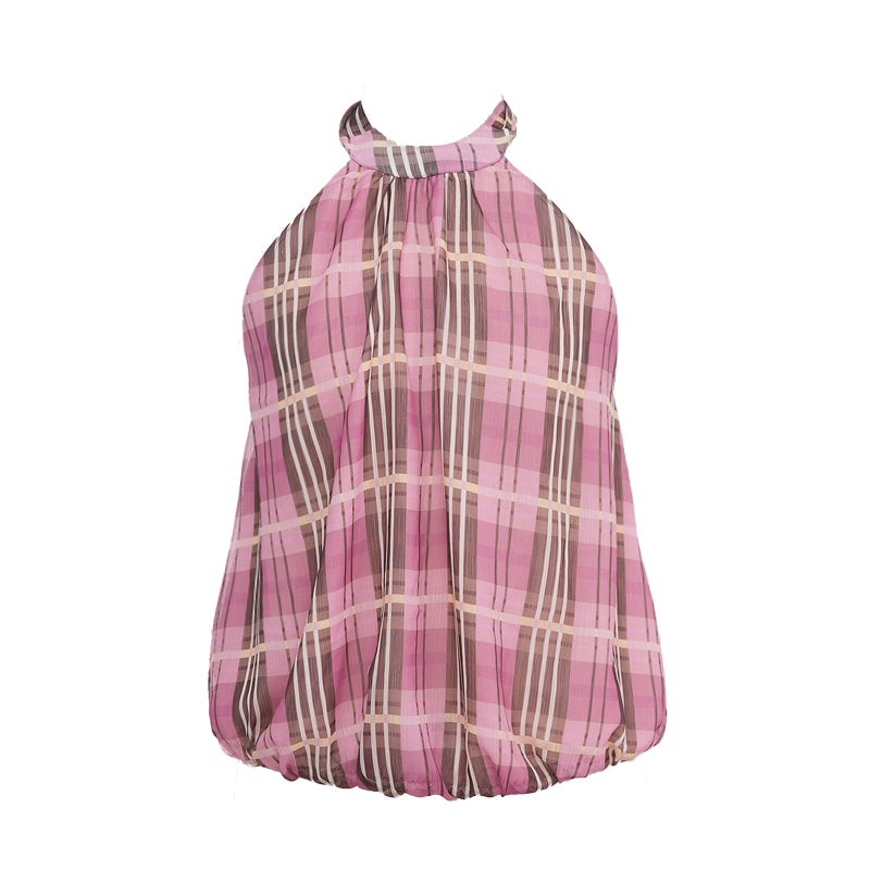 YOSHUYUKI Pink Purple Plaid Halter Top With Smocked Back