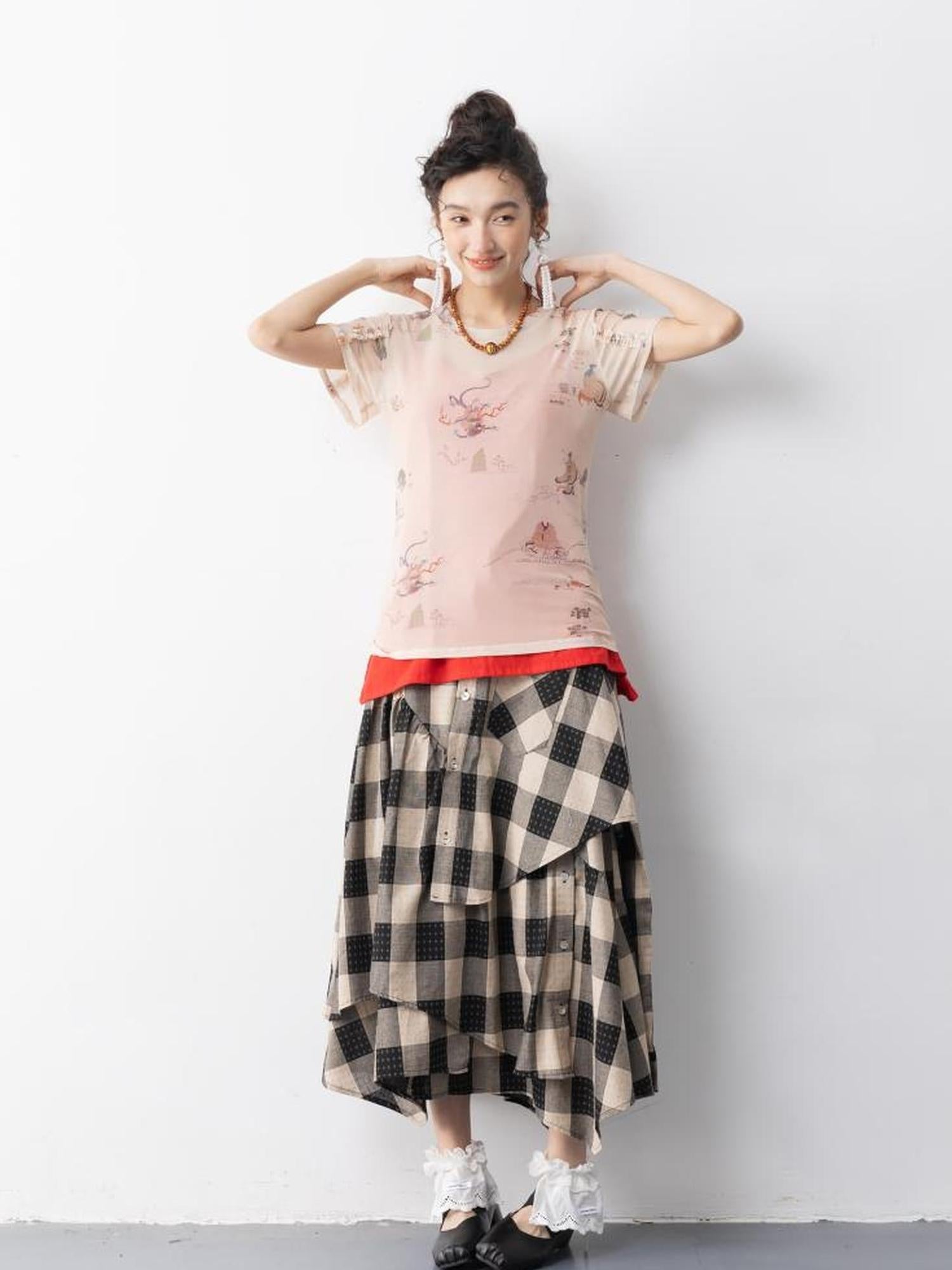 Sweet Mi Chinese Style Lace Mesh Tee Free Size Soft Ethnic Print