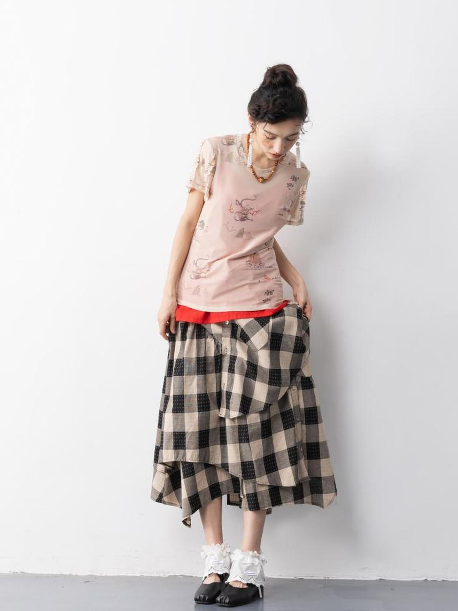 Sweet Mi Chinese Style Lace Mesh Tee Free Size Soft Ethnic Print
