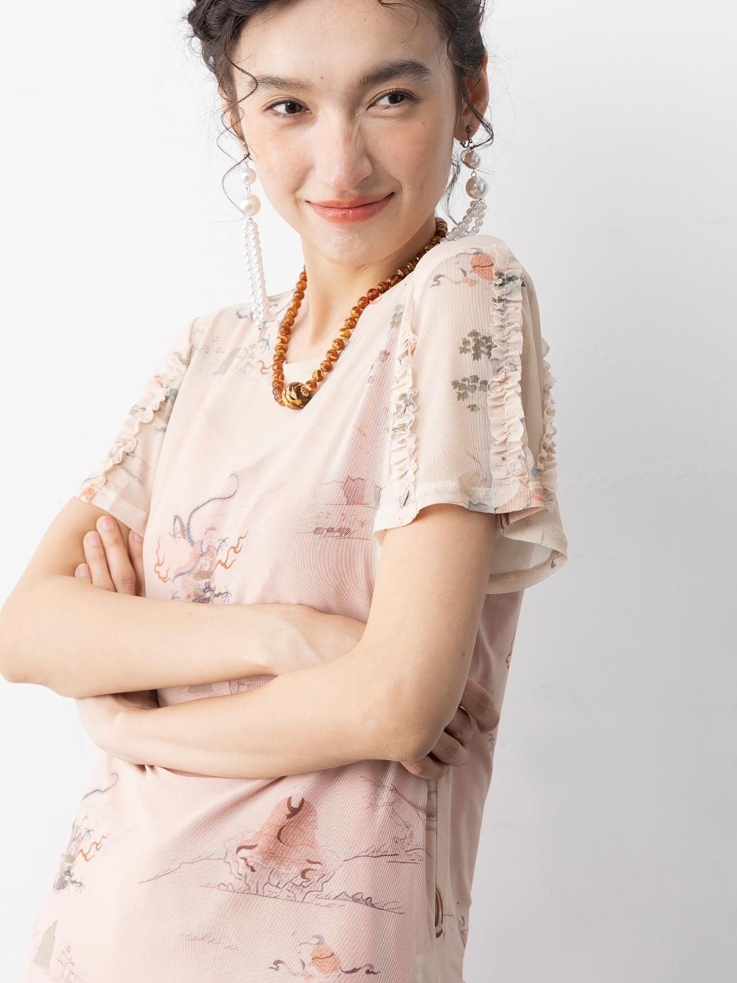 Sweet Mi Chinese Style Lace Mesh Tee Free Size Soft Ethnic Print