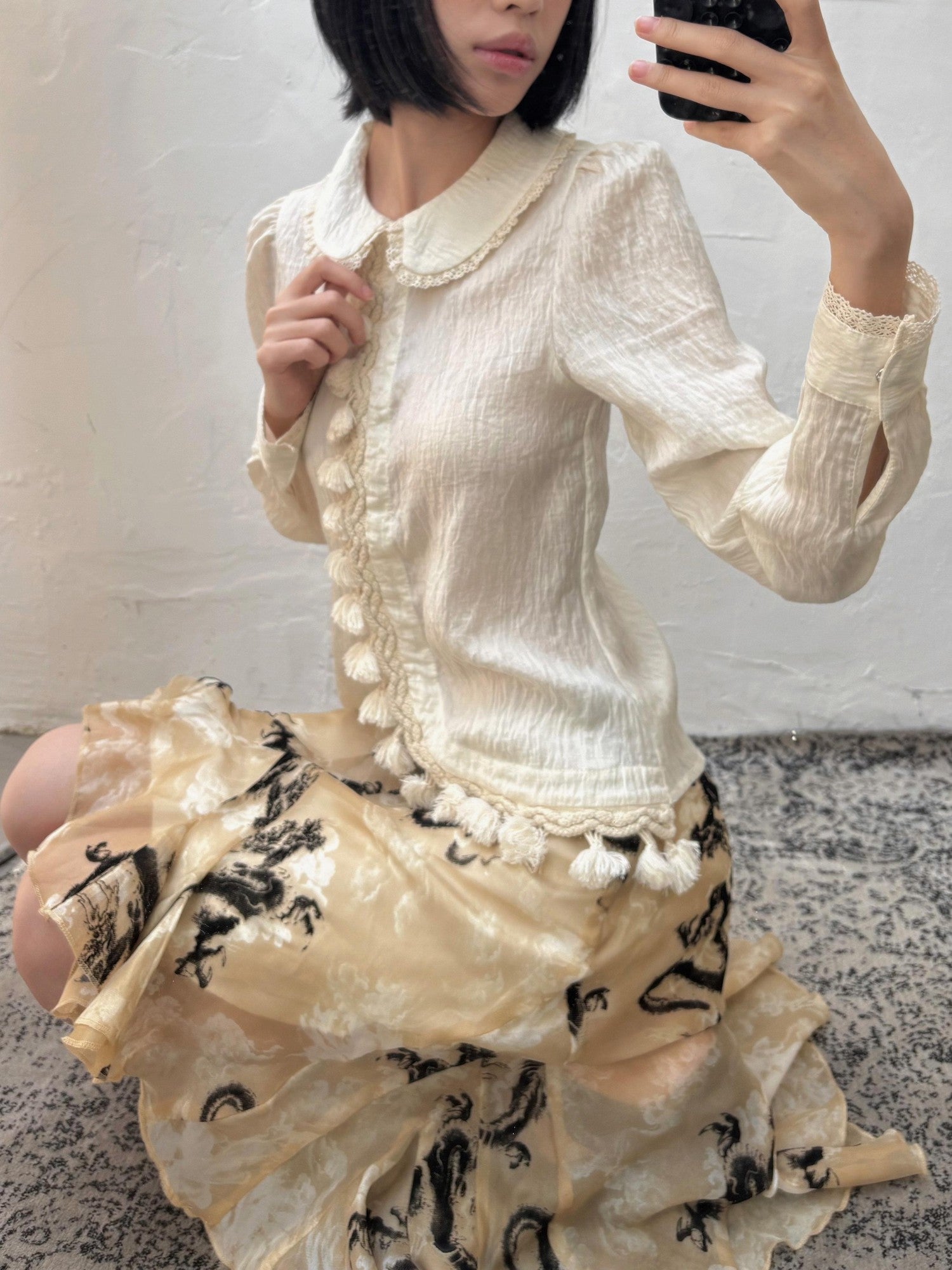 Chipchipshop Beige Doll Collar Lace Tassel Trim Asymmetric Women&
