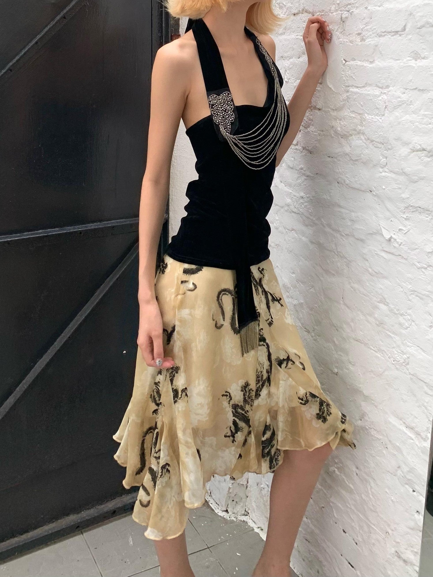 Chipchipshop Black Silver Waterfall Velvet Mesh Women&
