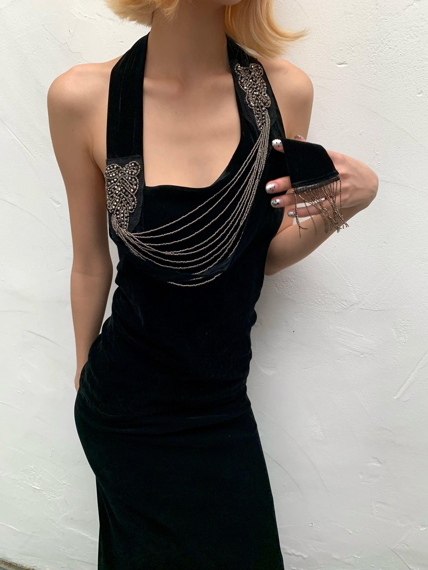 Chipchipshop Black Silver Waterfall Velvet Mesh Women&