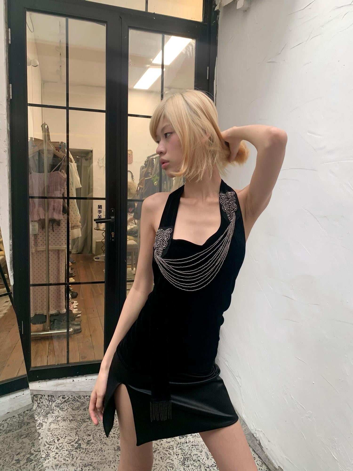 Chipchipshop Black Silver Waterfall Velvet Mesh Women&