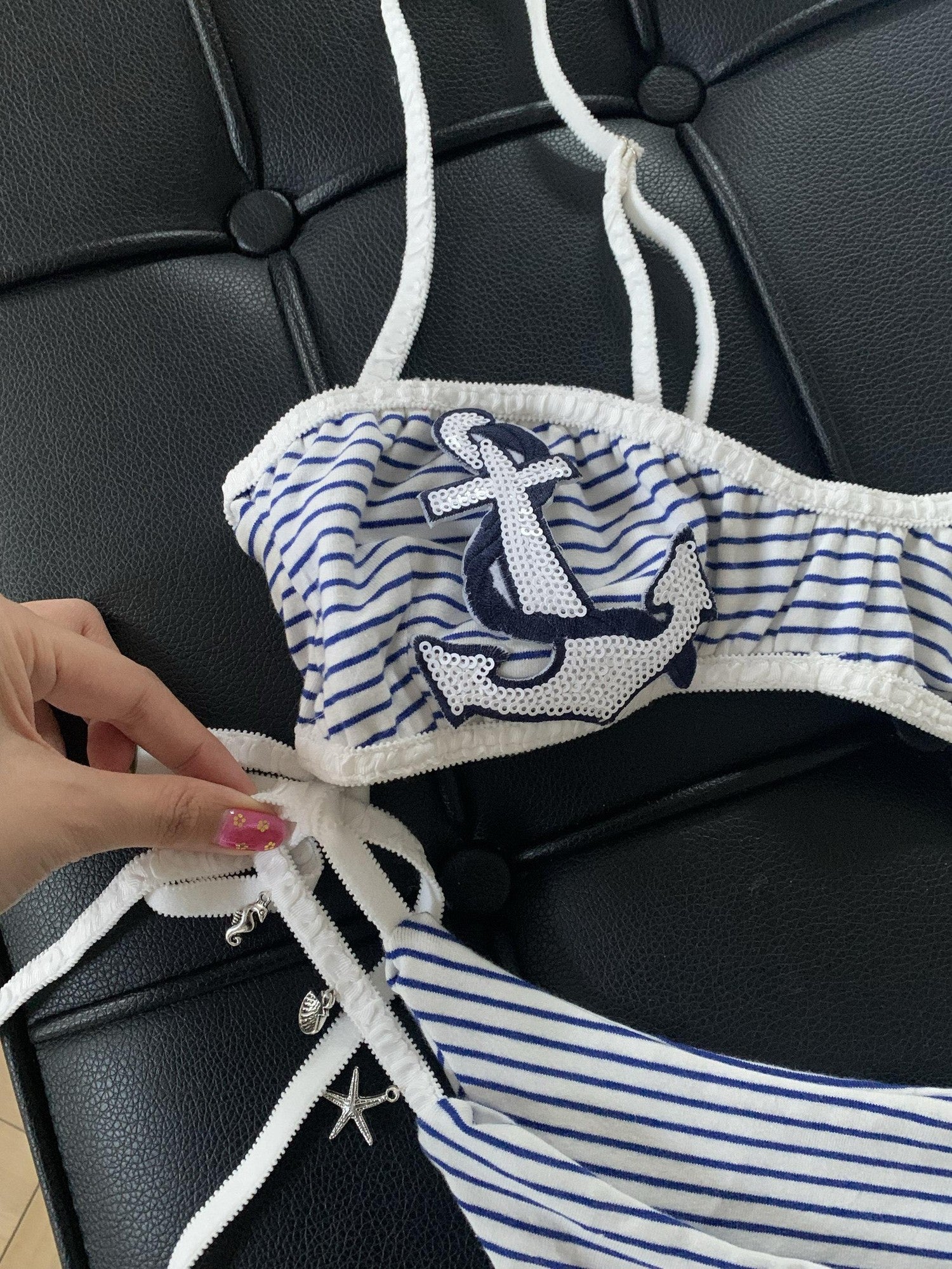 Chipchipshop Blue White Striped Anchor Print Playful French Style Women&