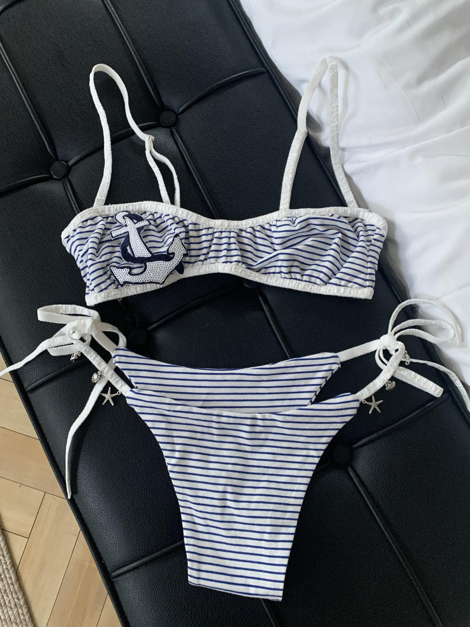 Chipchipshop Blue White Striped Anchor Print Playful French Style Women&